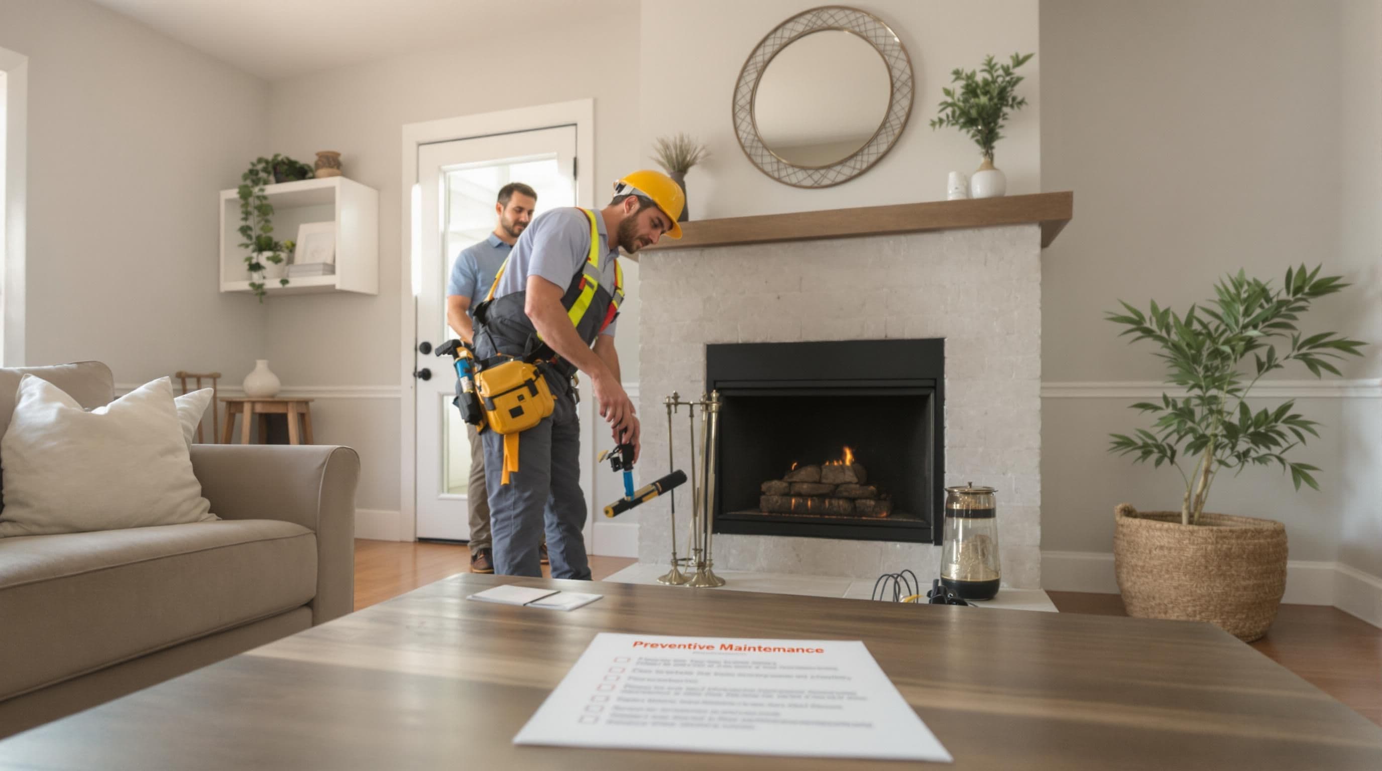 Chimney technician inspects fireplace as tenant looks on in Texas rental