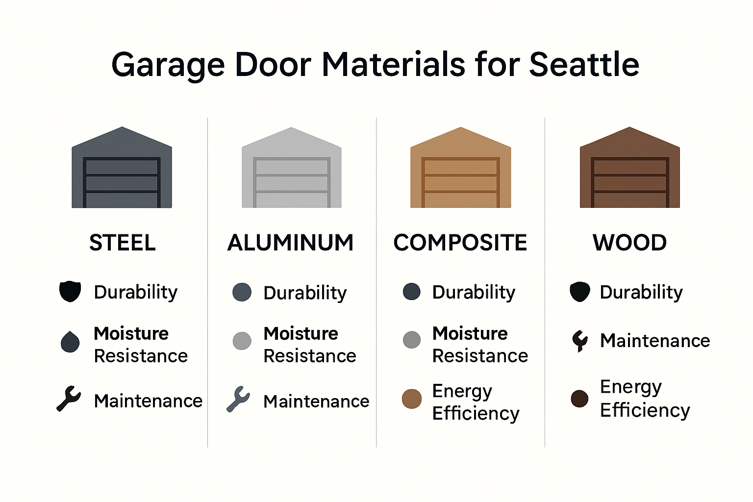 Comparison chart of garage door material options for Seattle weather