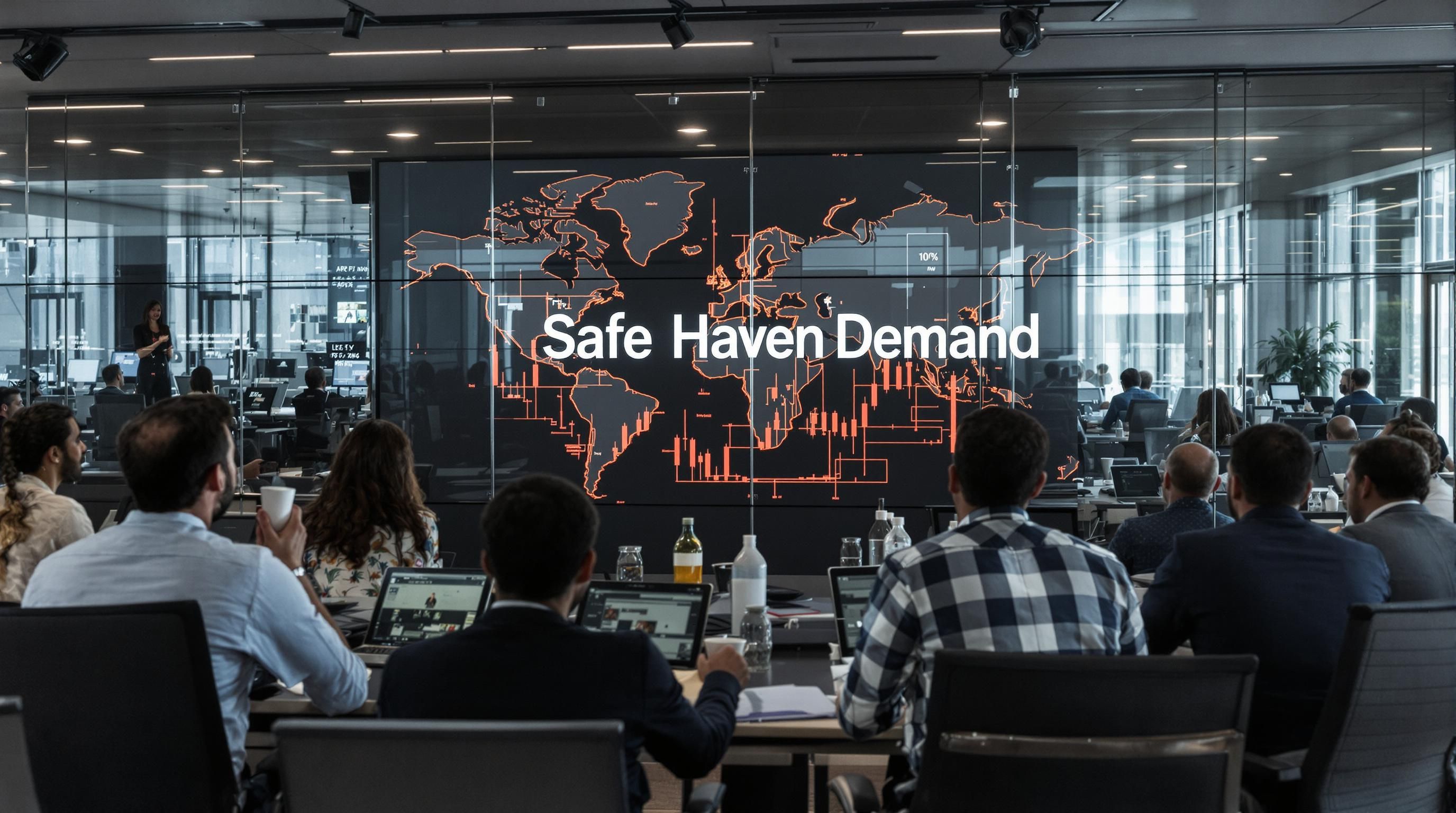 Financial analysts review global news with 'Safe Haven Demand' displayed