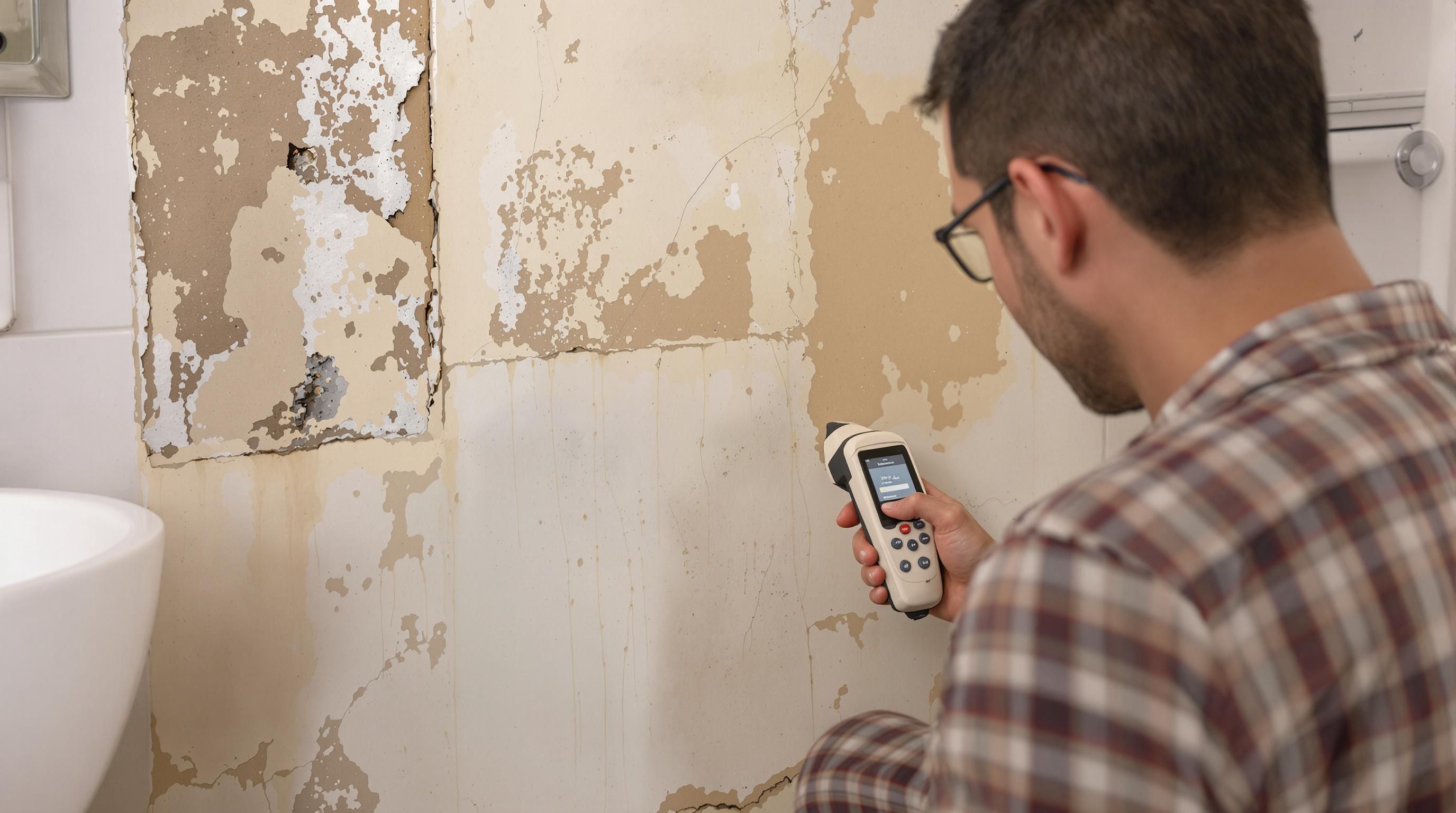 Inspecting bathroom wall and pipes for visible mold signs