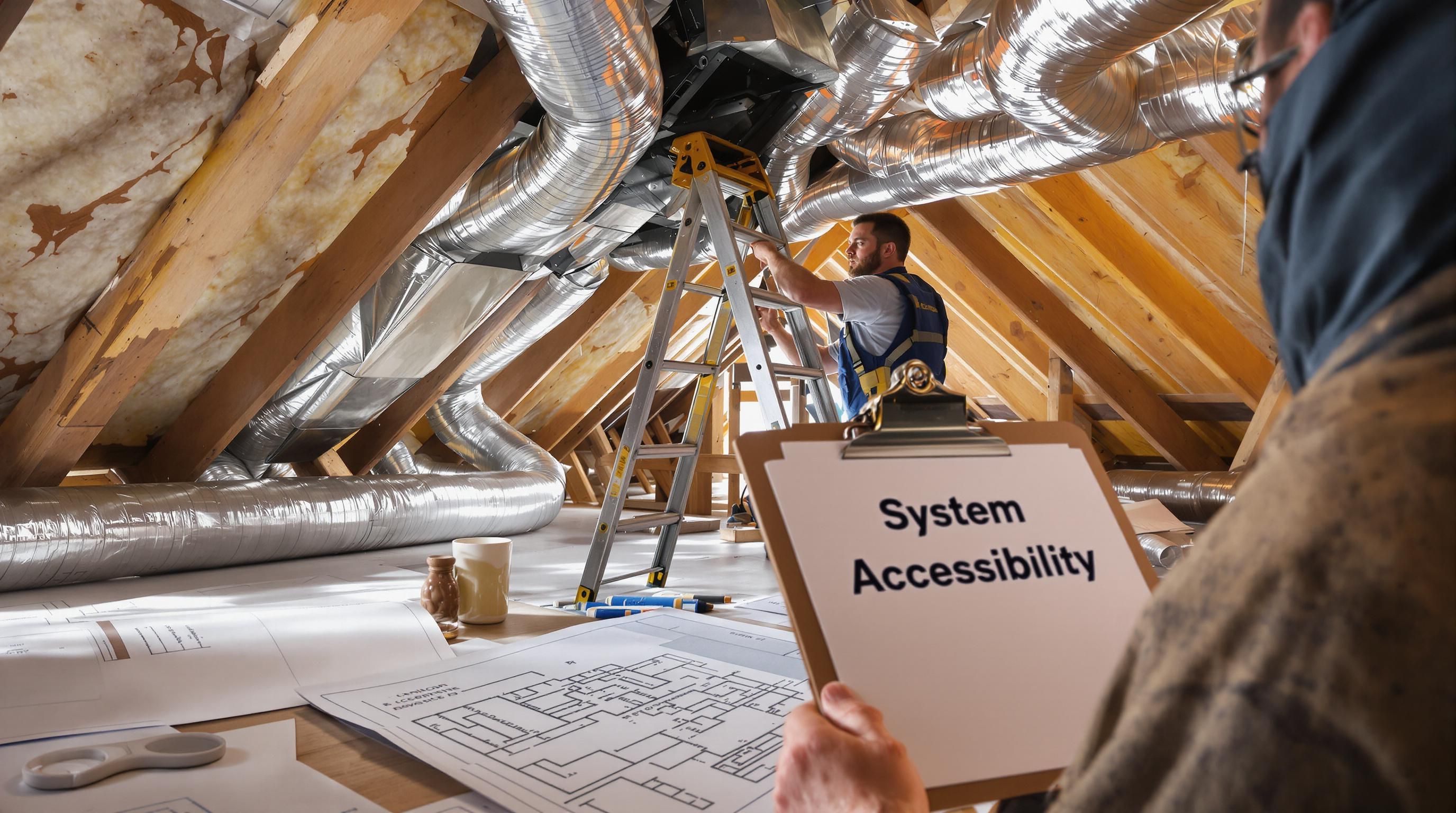 Technician inspects attic ductwork for system accessibility