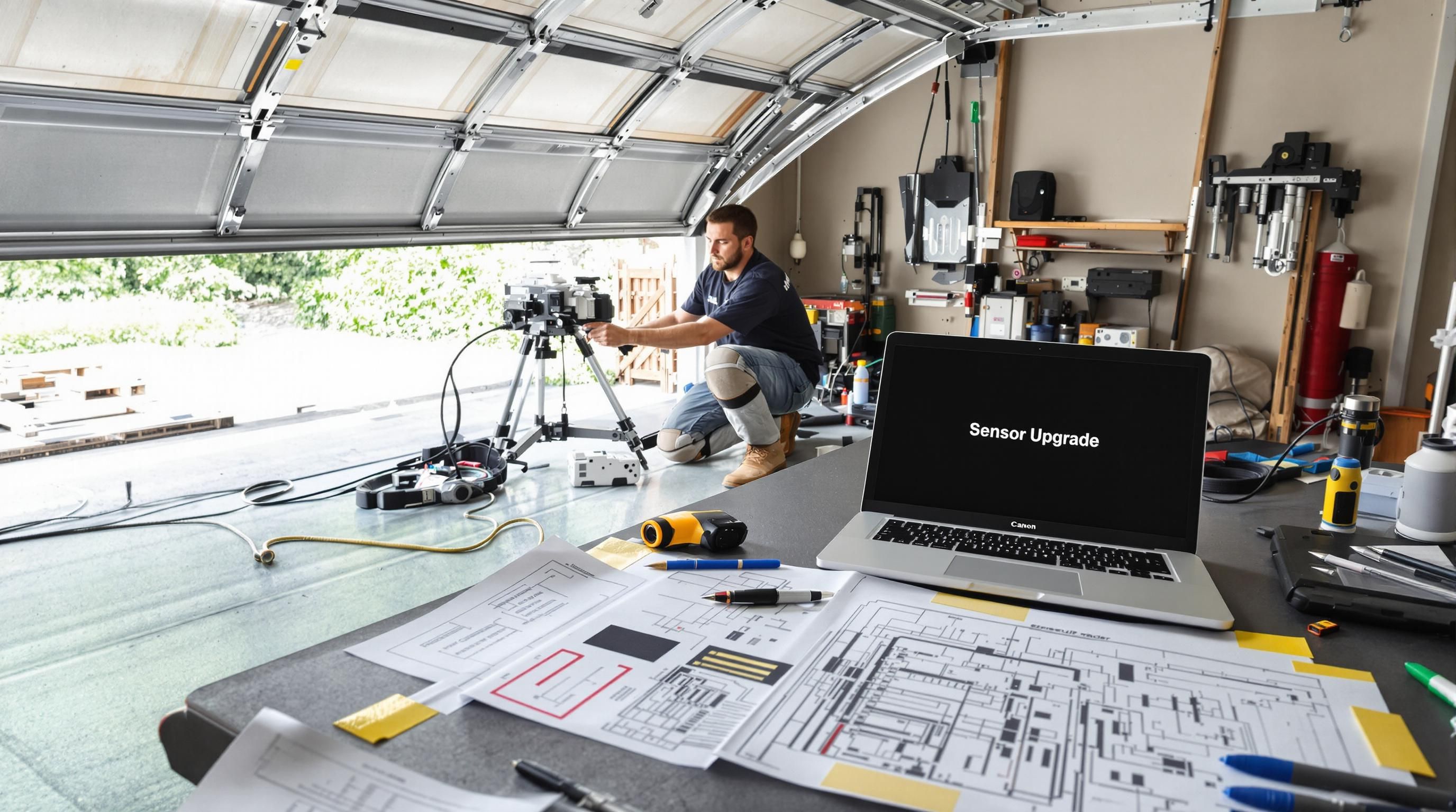 Installer adjusts new garage sensor next to safety documents