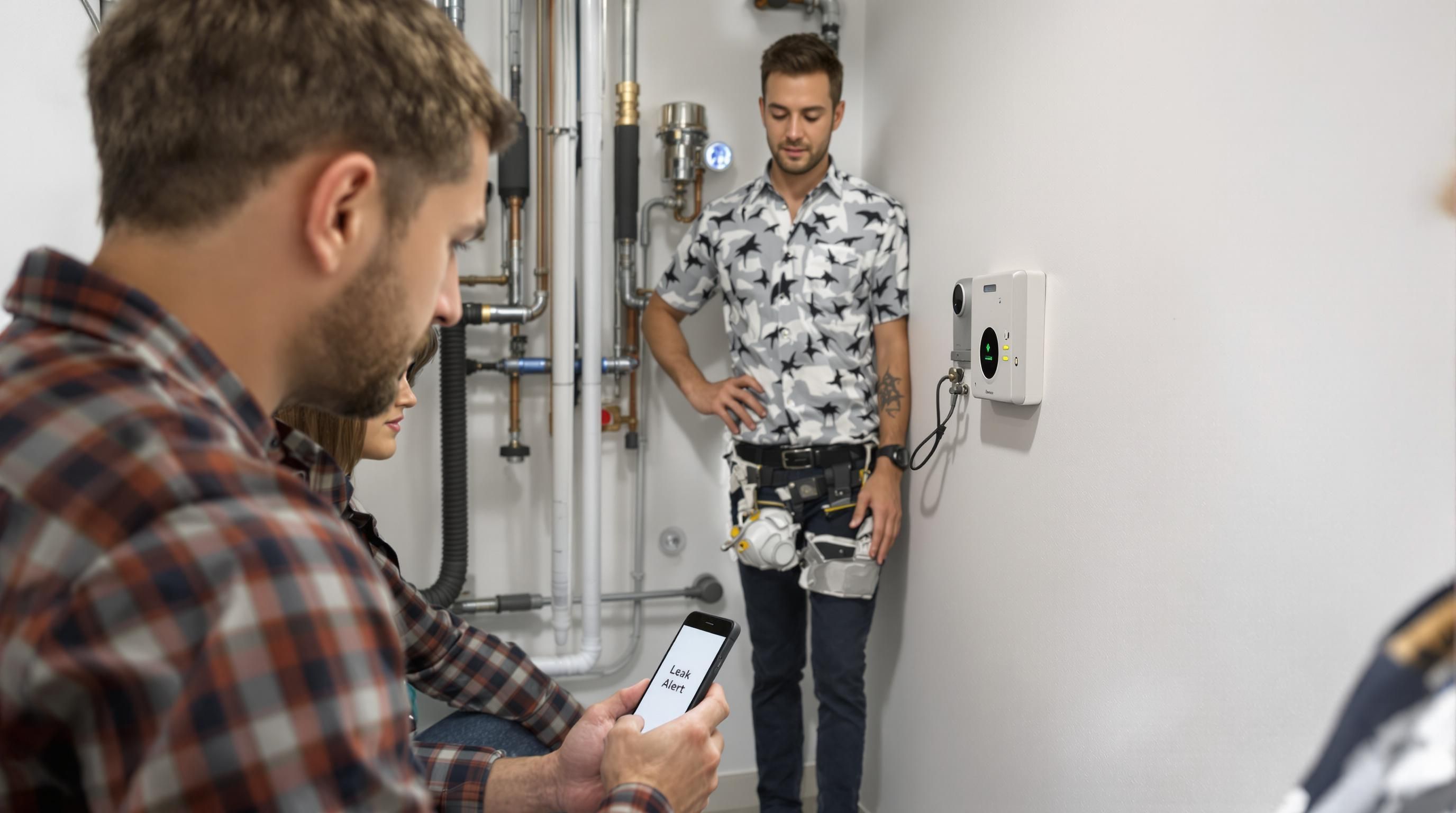 Plumber and homeowner checking smart leak detection system and alert