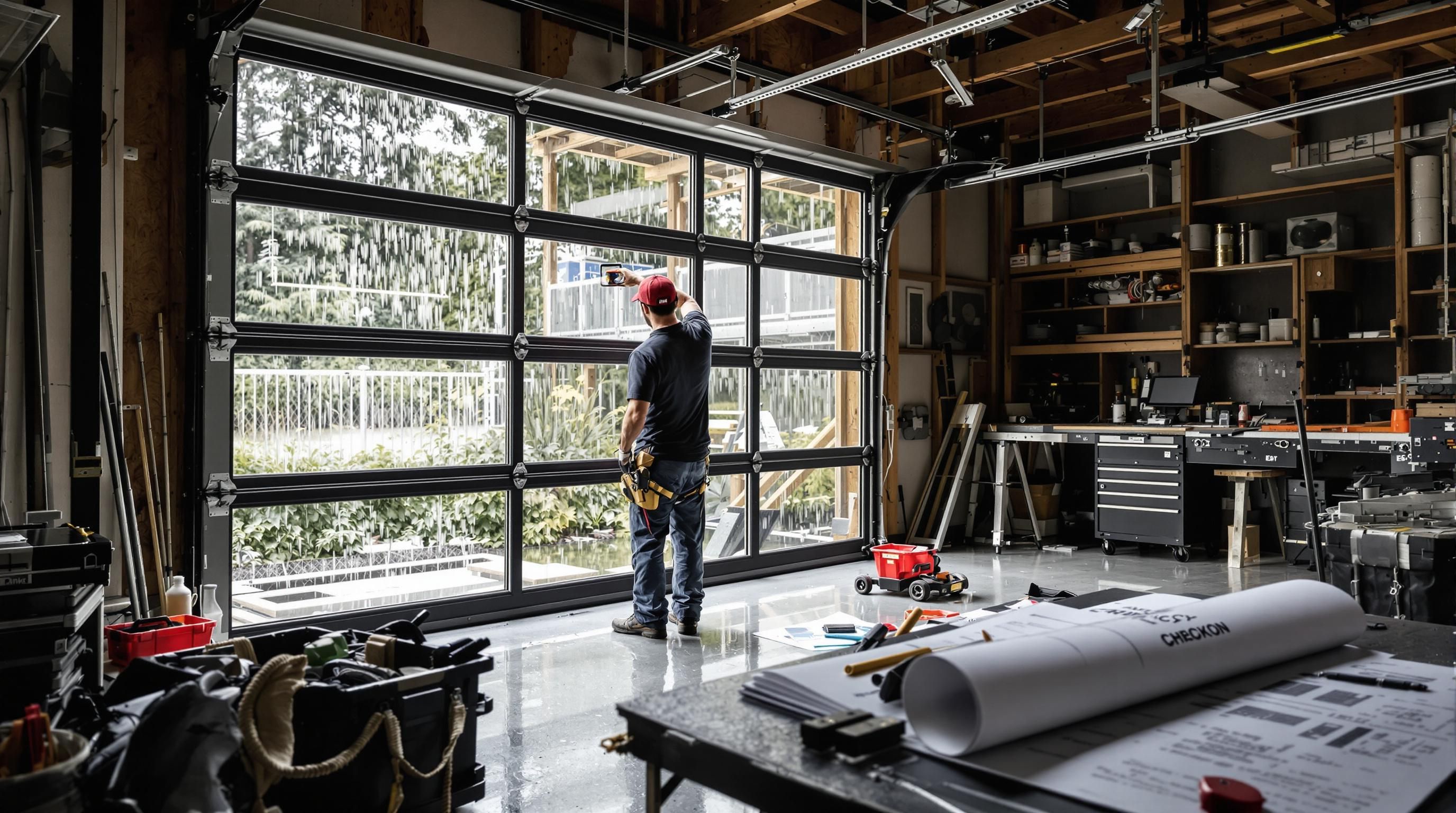 Technician installs energy-efficient garage window in rainy Seattle garage