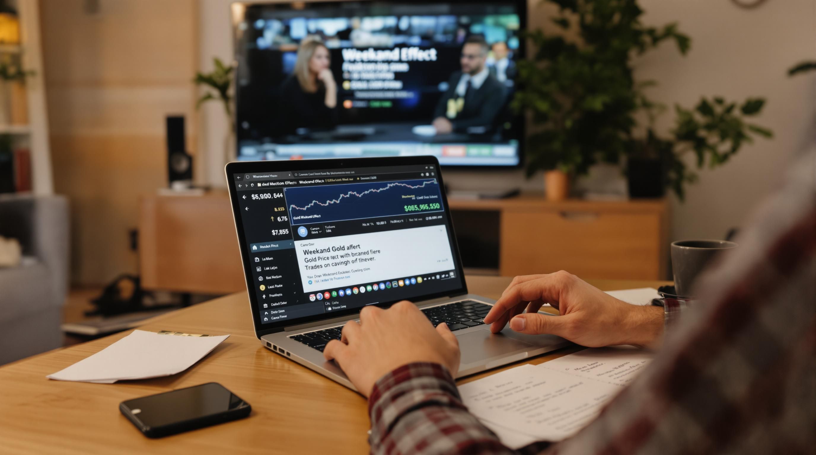 Trader analyzes gold signals at home with weekend news and notifications