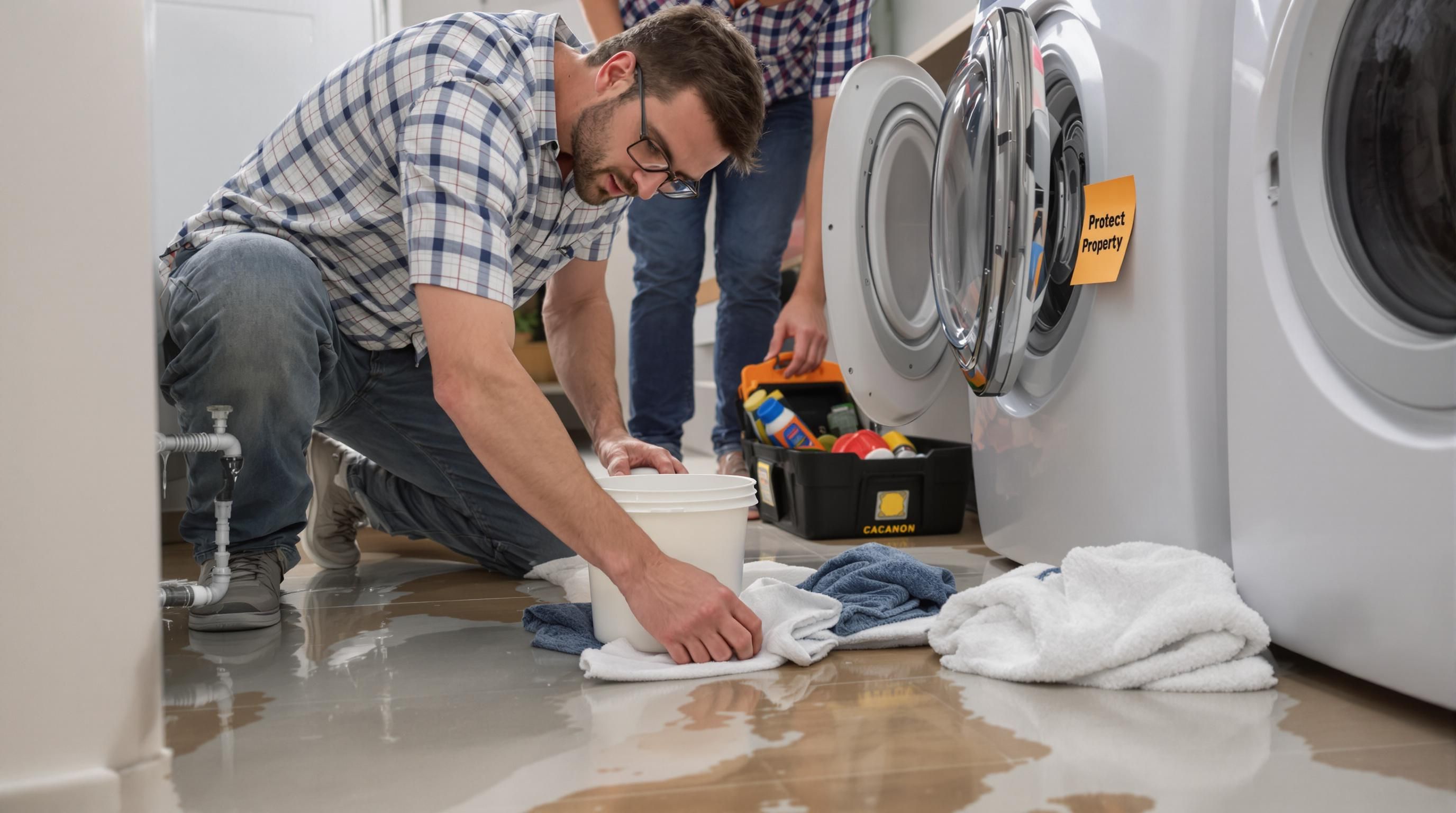 Homeowner containing laundry room leak with towels and bucket