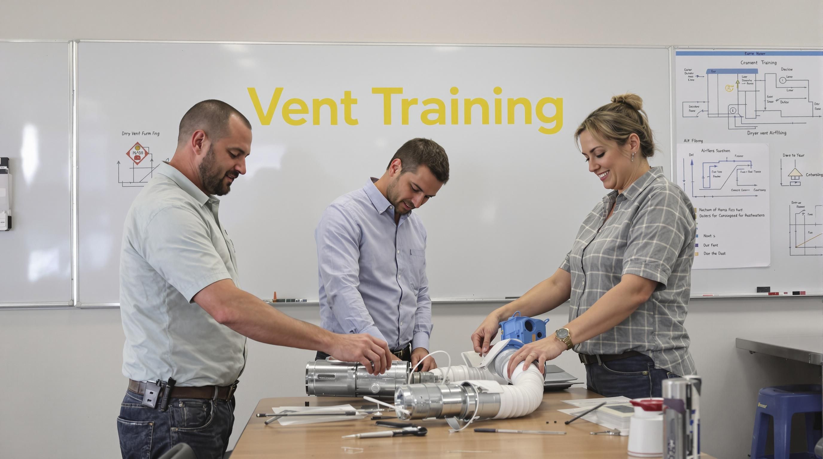 Trainees work on dryer vent system during certification workshop with instructor and instructional charts