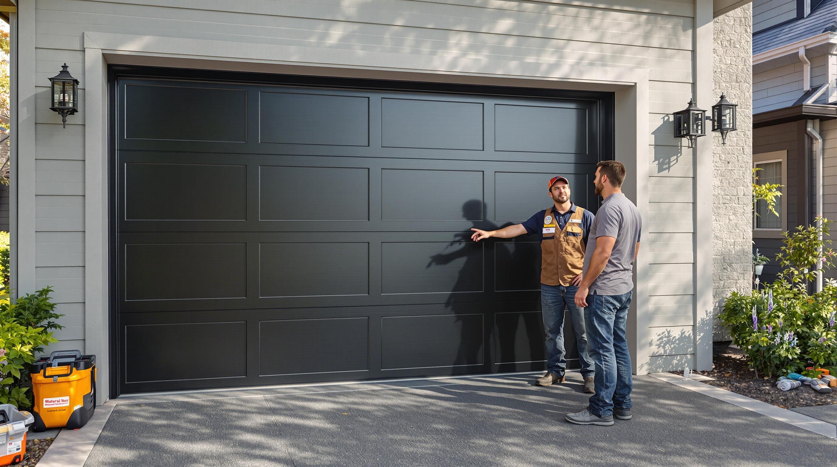Installer and homeowner examine aluminum garage door for material quality