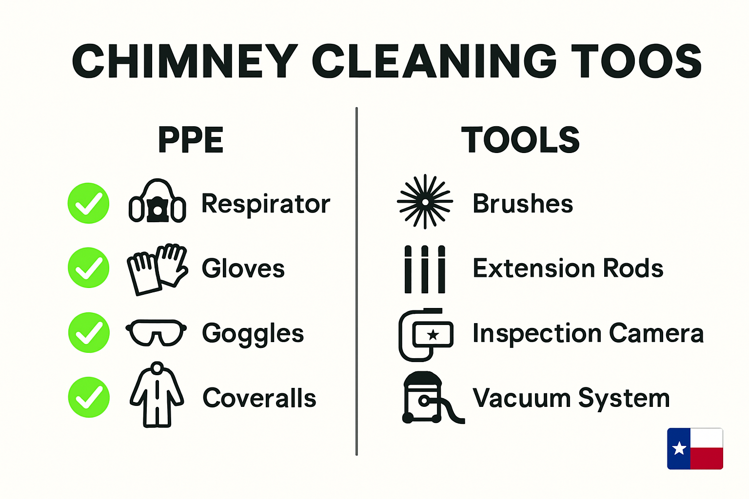 Infographic showing required safety gear and chimney cleaning tools