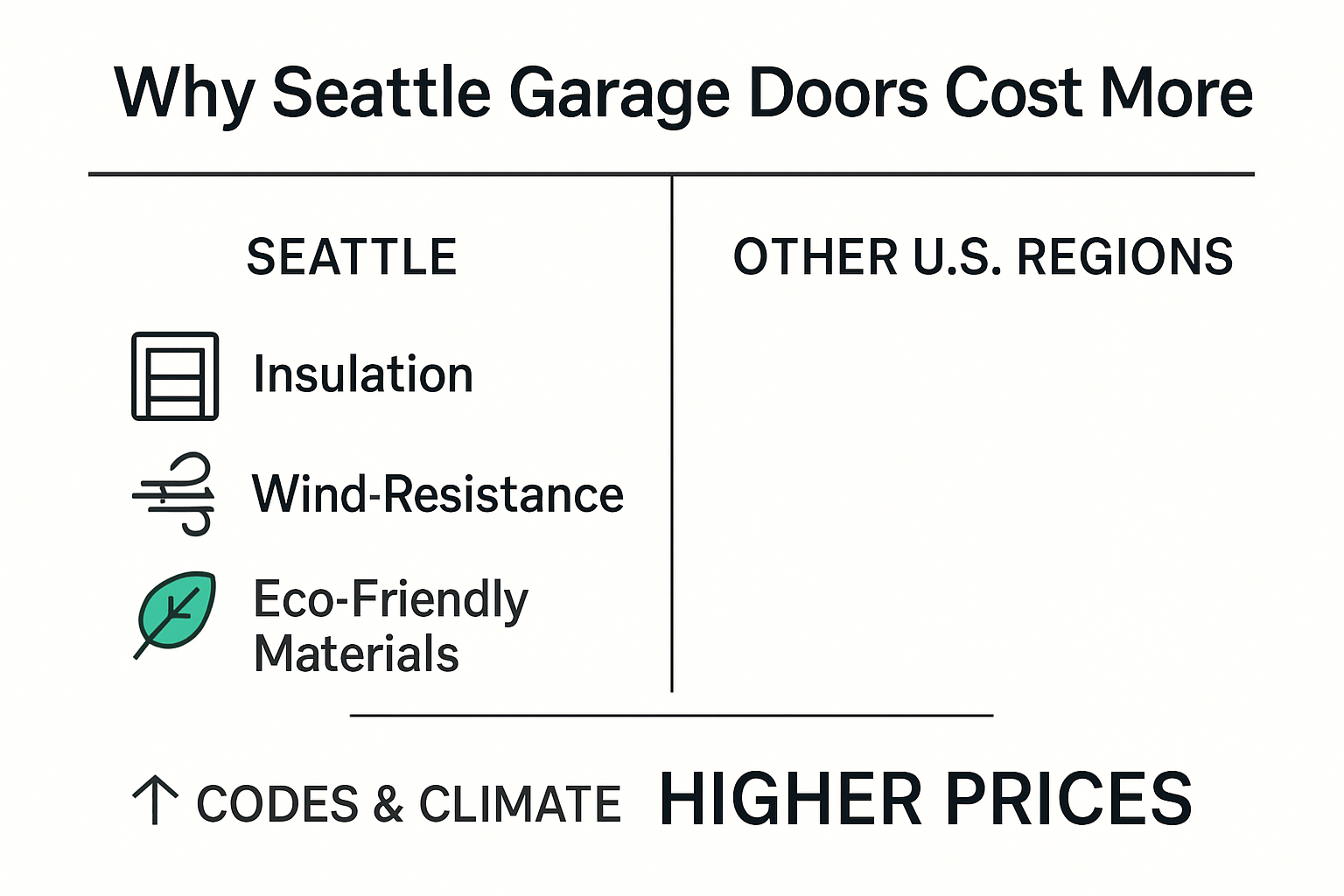 Infographic comparing Seattle vs US regulations, climate, and garage door cost factors