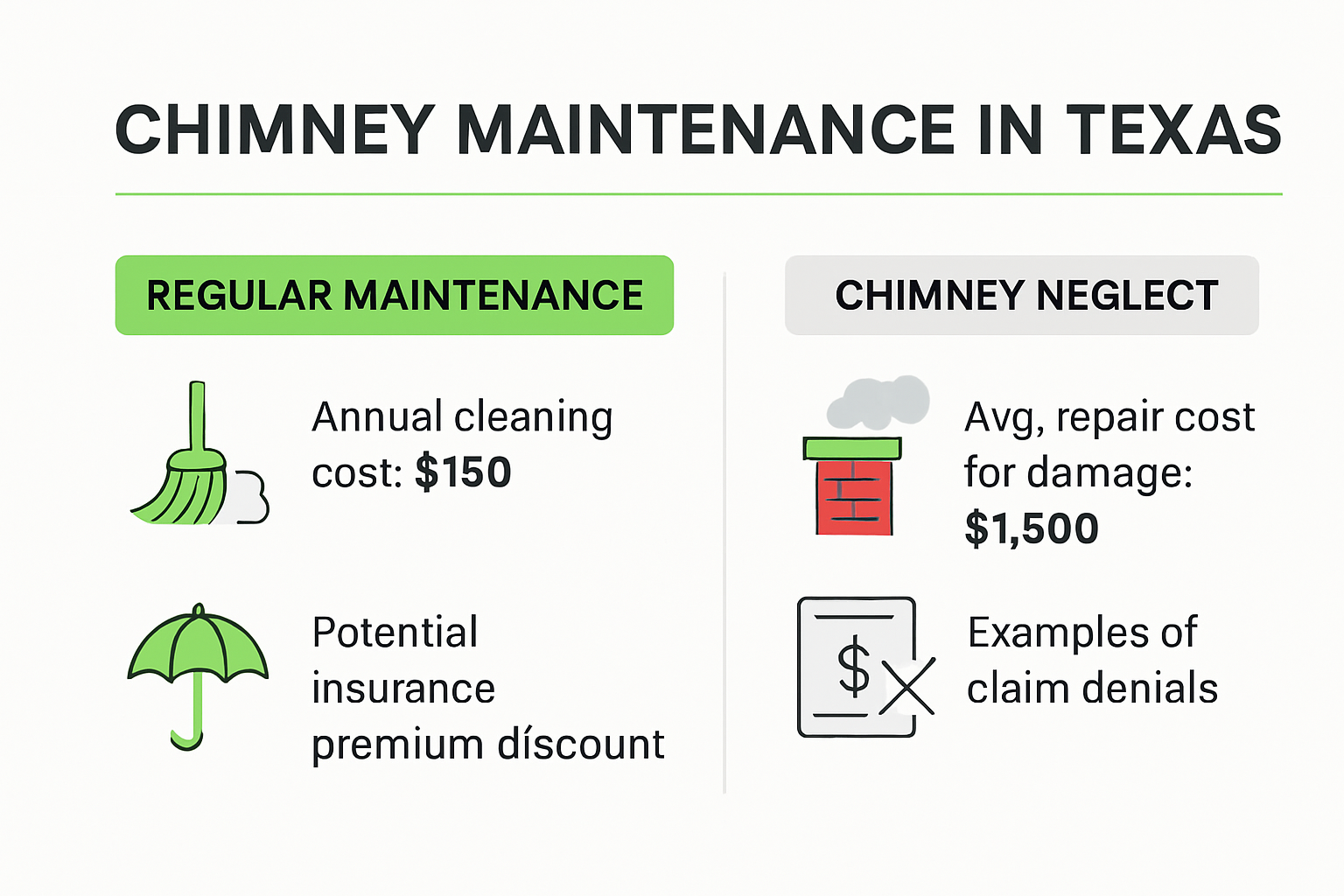 Infographic showing chimney cleaning costs and insurance savings versus neglect