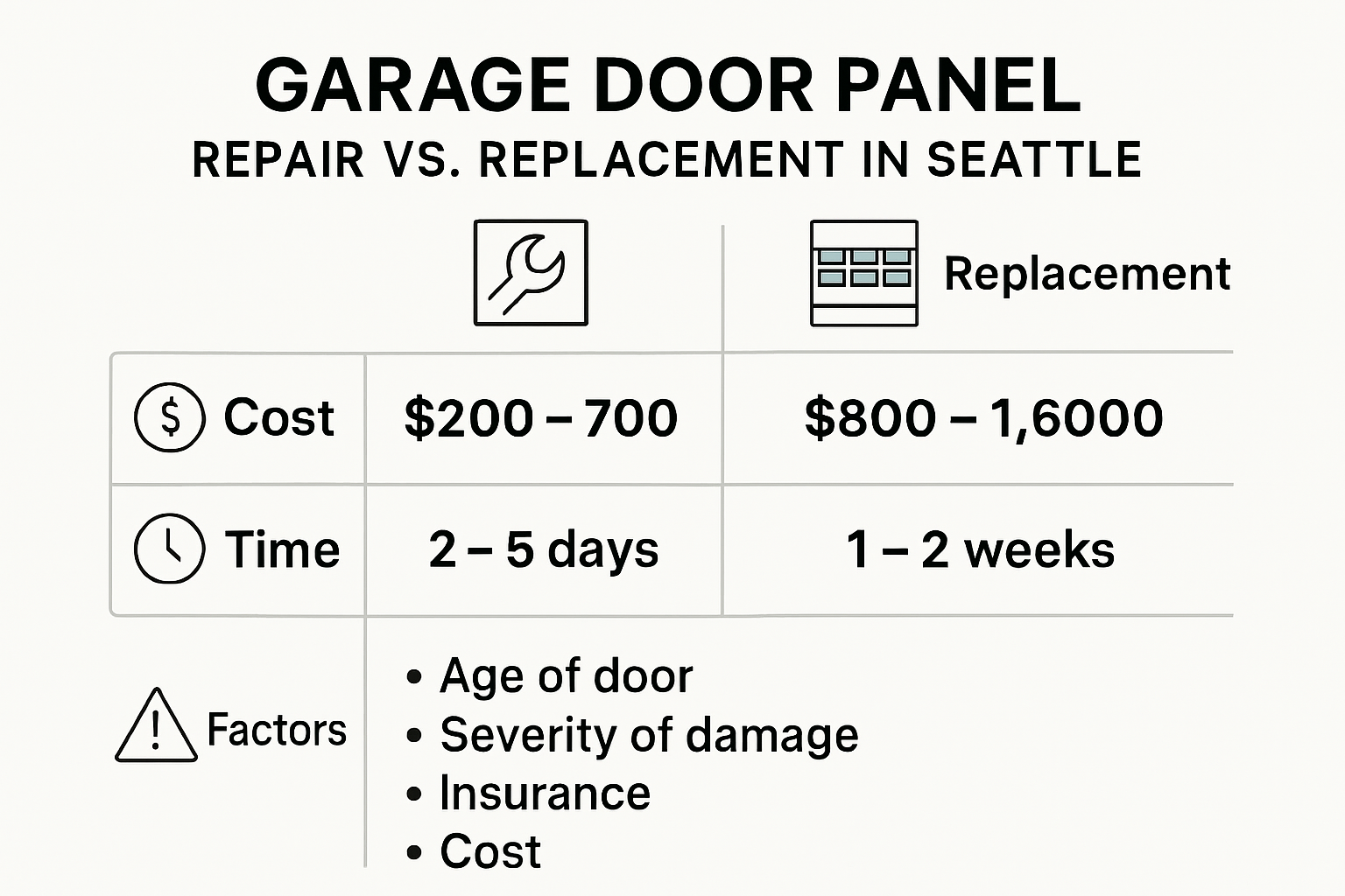 Garage door repair vs replacement cost infographic for Seattle