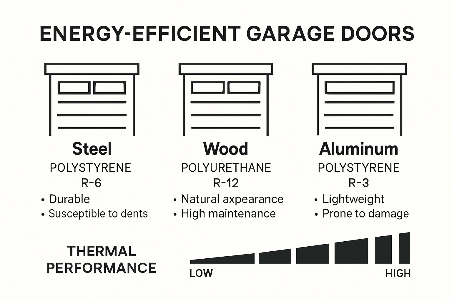 Comparison chart of energy-efficient garage door materials and insulation values for Seattle climate