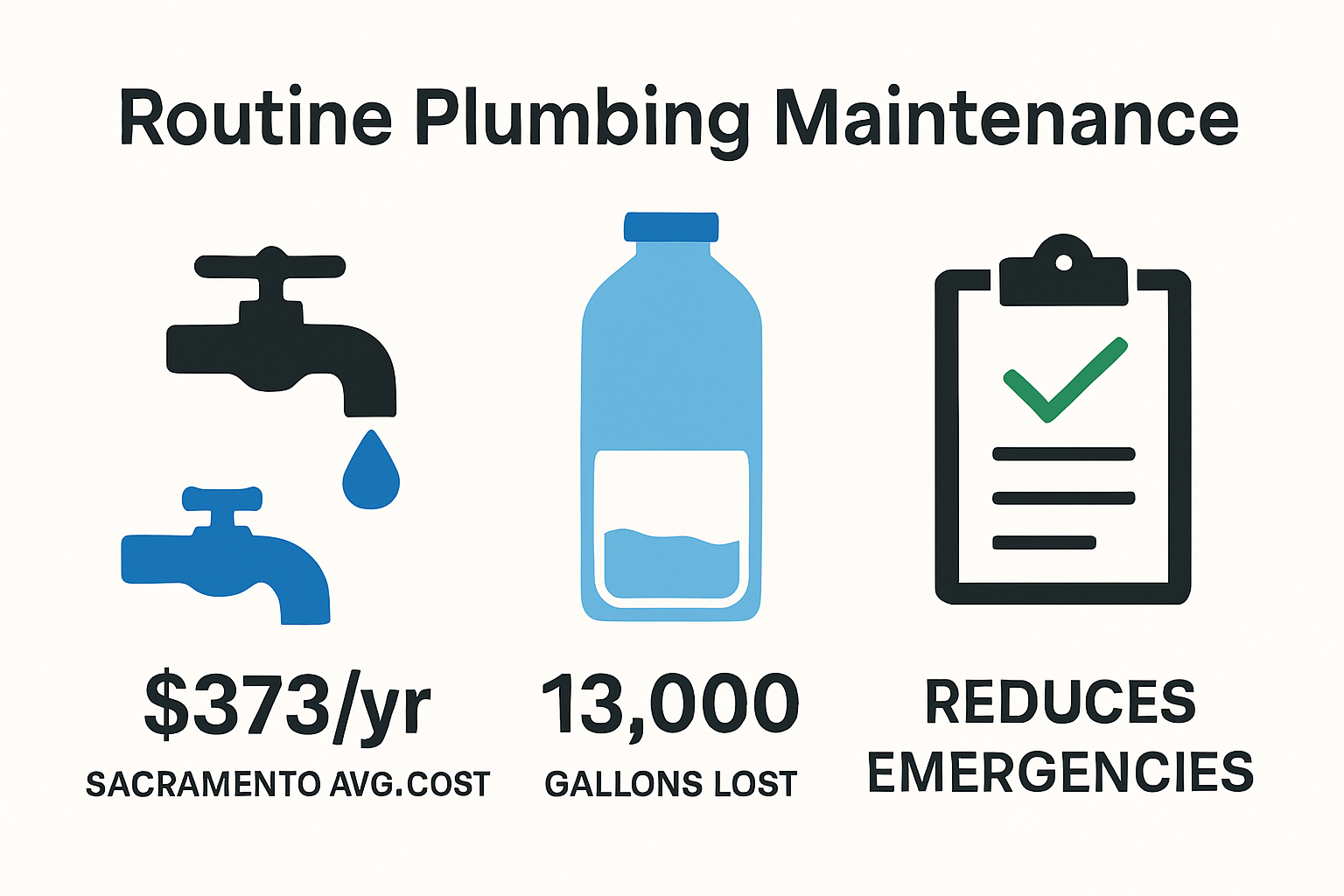 Infographic showing costs, water waste, and prevention benefits of plumbing maintenance