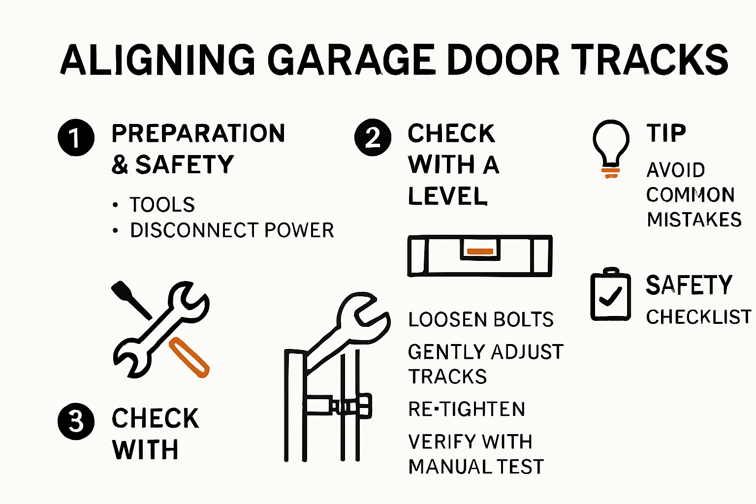 Infographic showing garage door track alignment process and safety tips