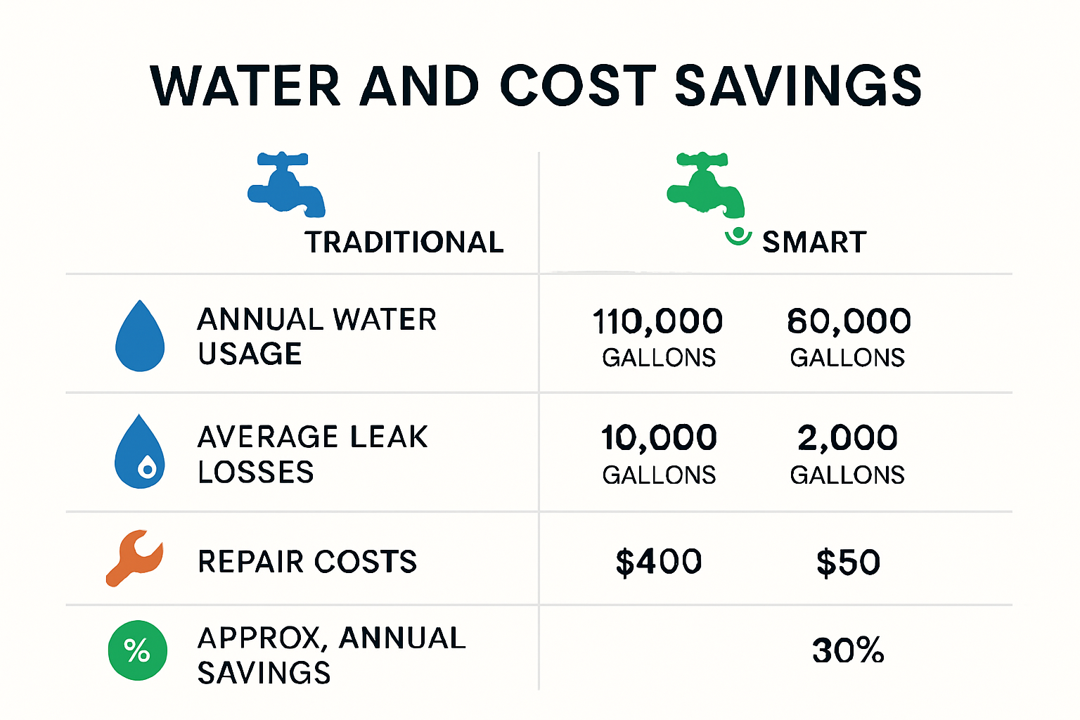 Side-by-side comparison chart of smart and traditional plumbing for water and cost savings