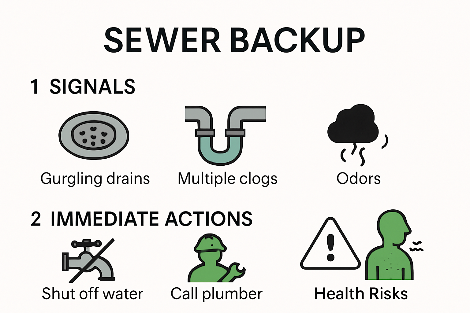 Infographic shows sewer backup warning signs and response steps