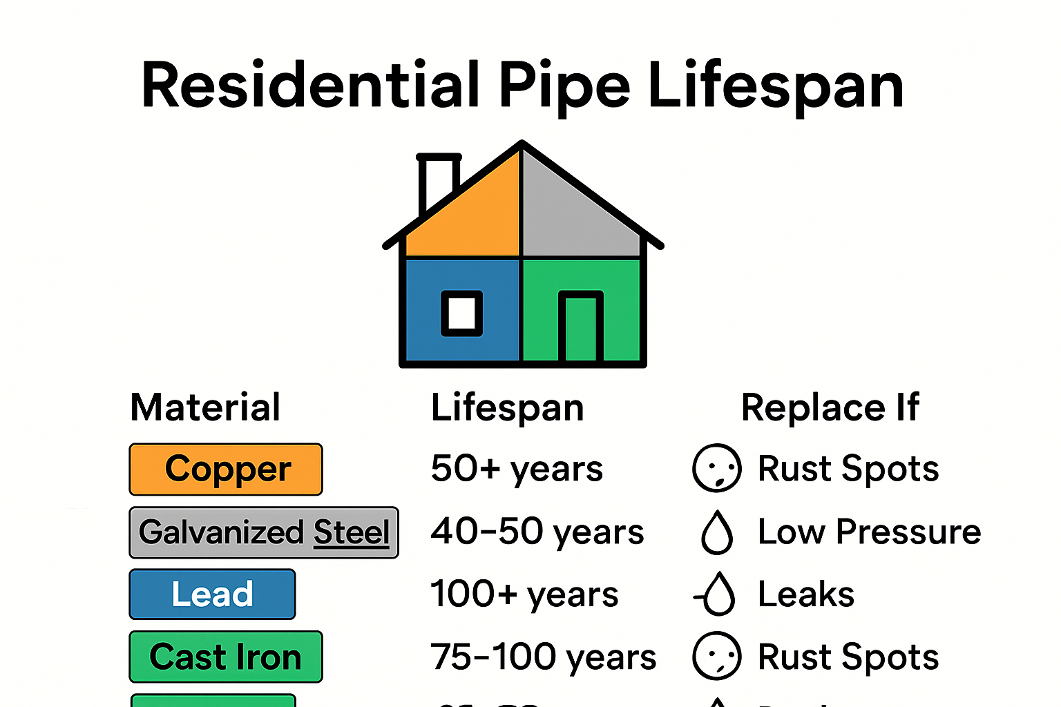 Infographic comparing pipe lifespans and replacement signs