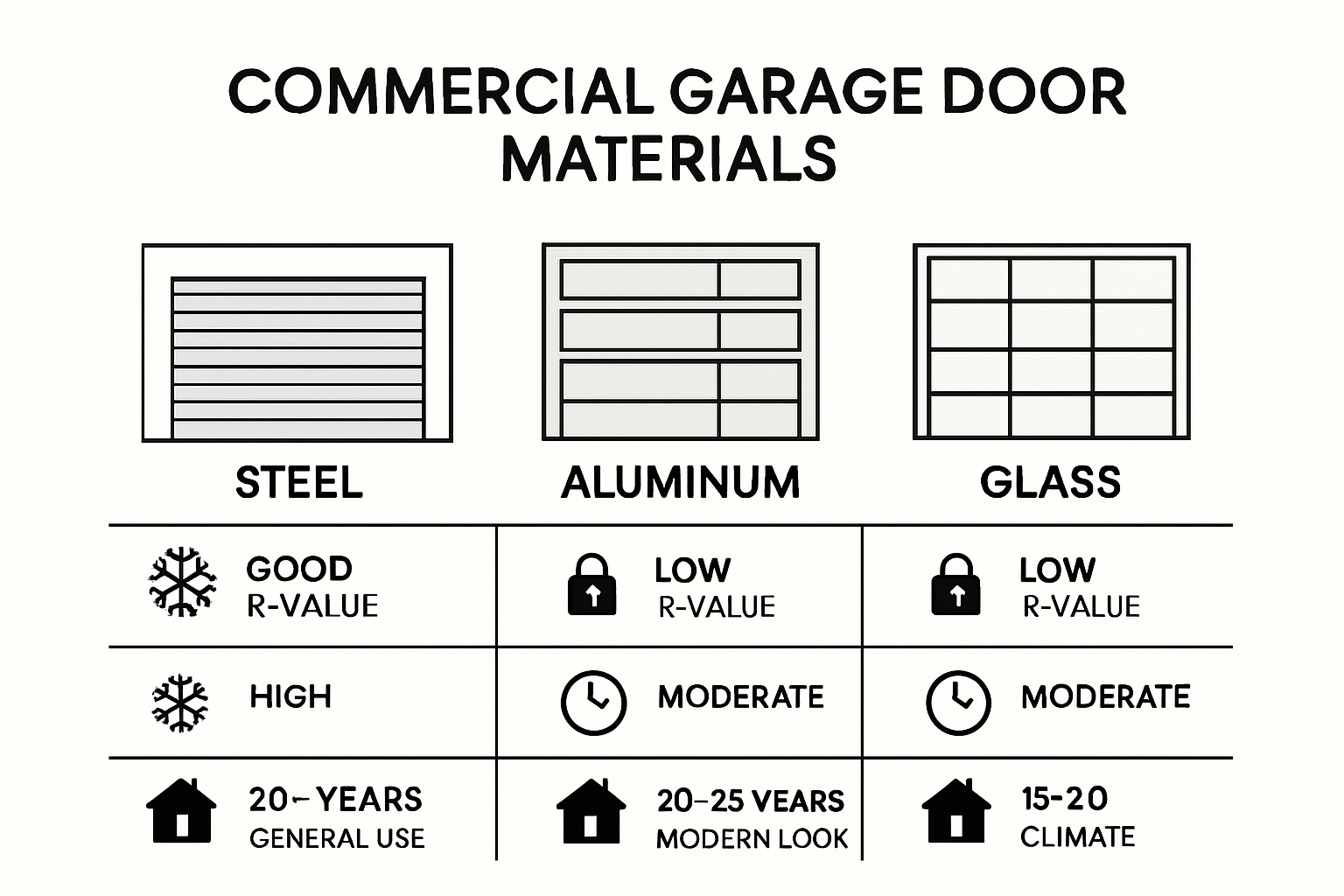 Commercial garage door materials and features comparison chart