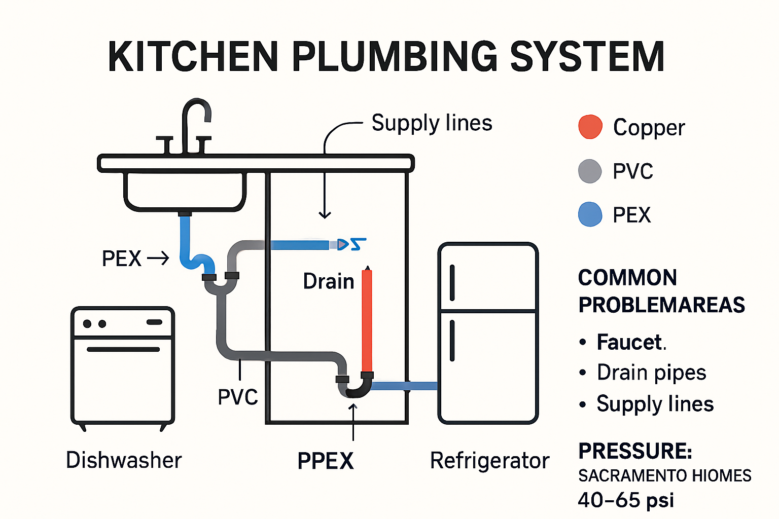 Infographic of kitchen plumbing system components and water flow
