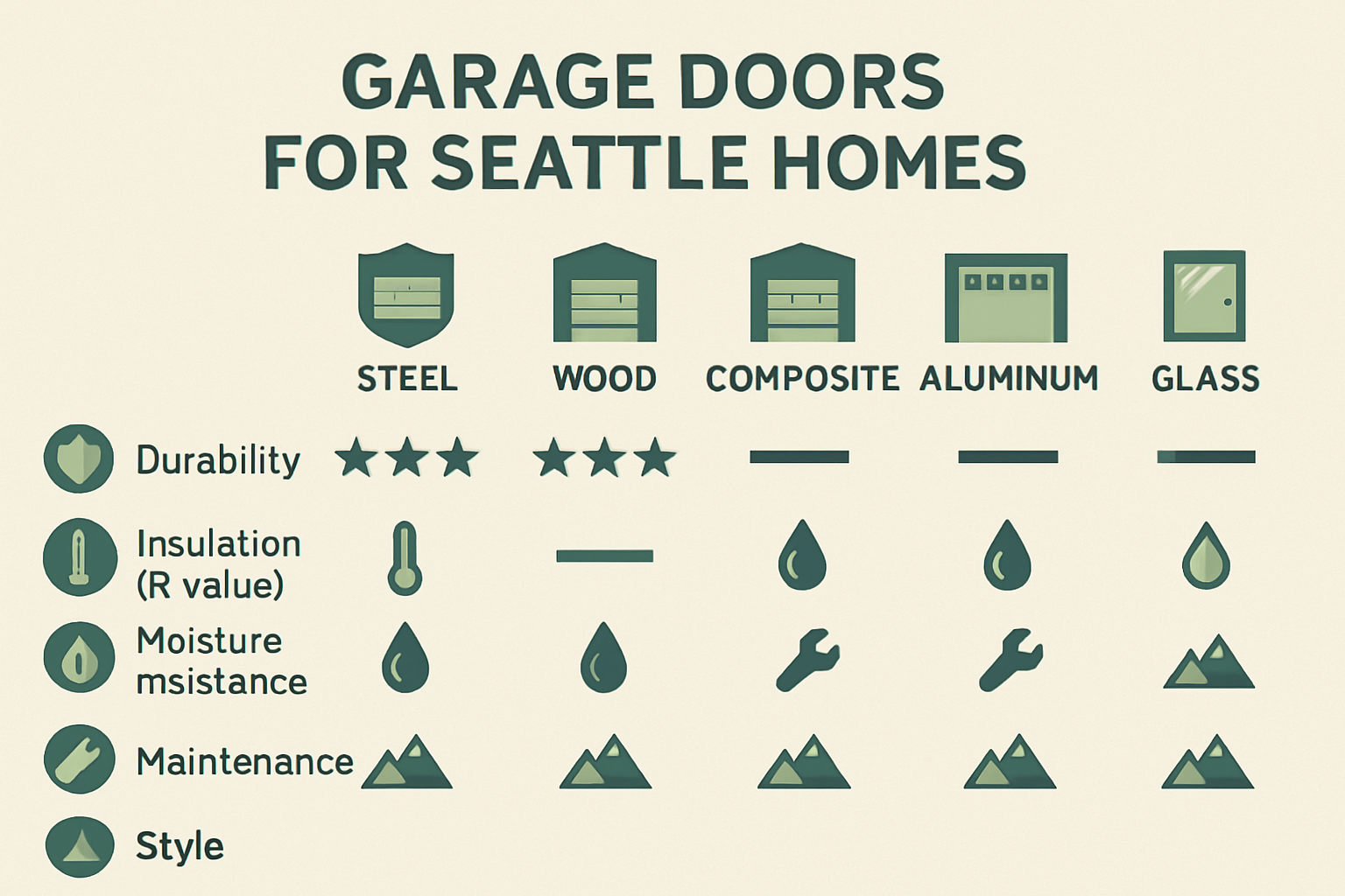 Comparison chart of garage door materials and insulation