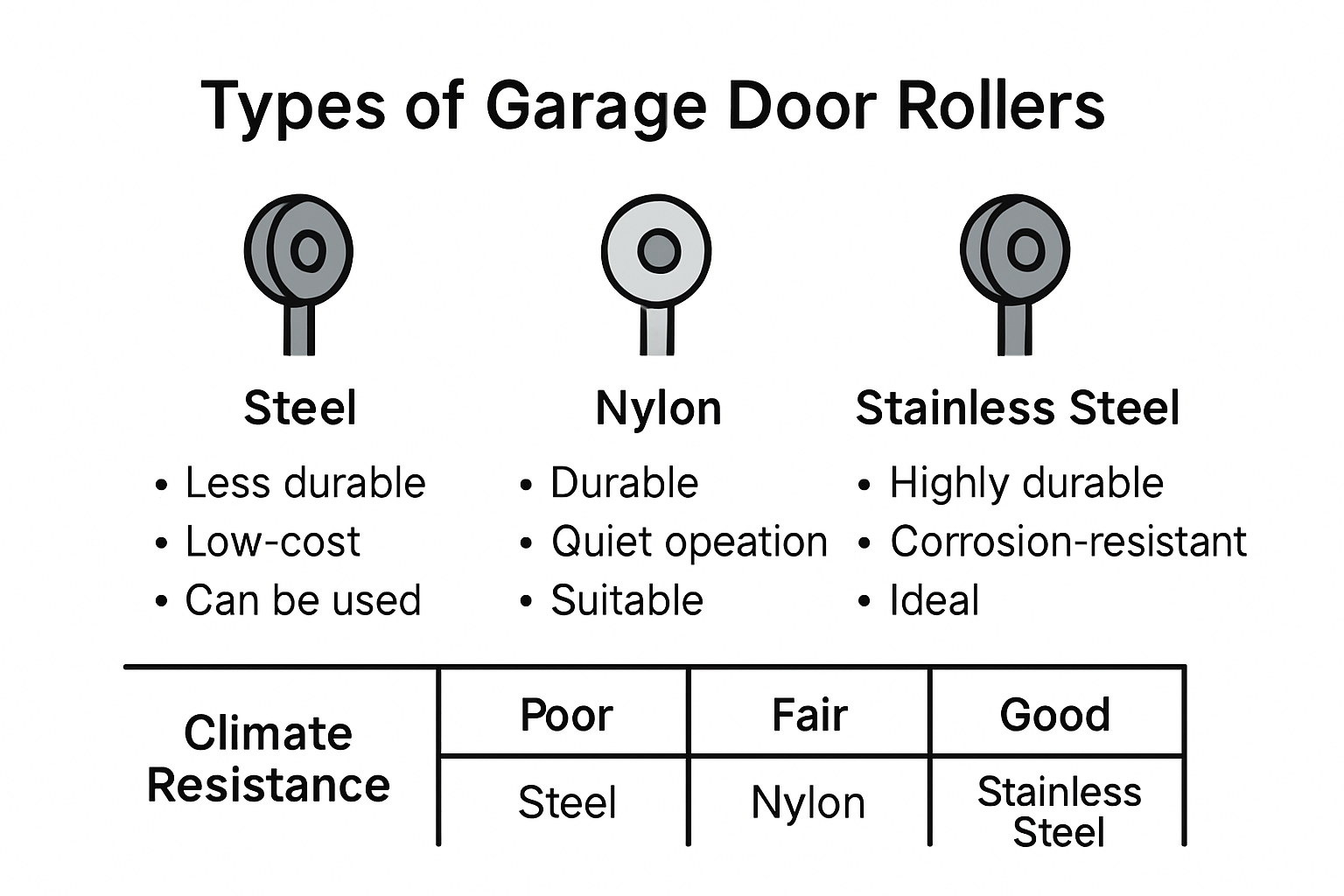 Garage door roller types climate compatibility infographic
