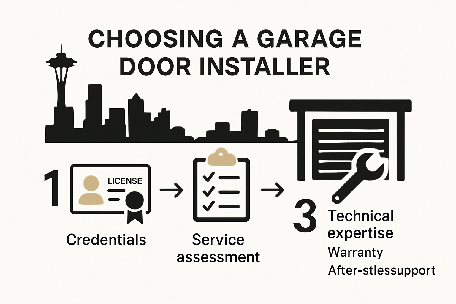 Infographic showing key factors for garage door installer selection in Seattle