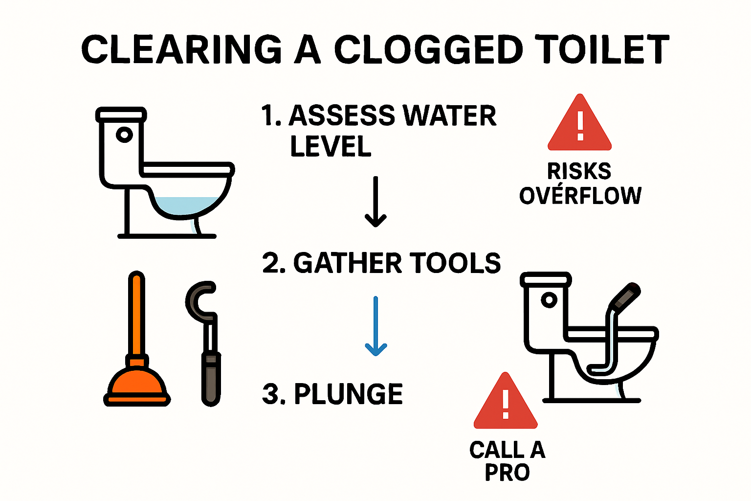 Step-by-step clogged toilet solution infographic