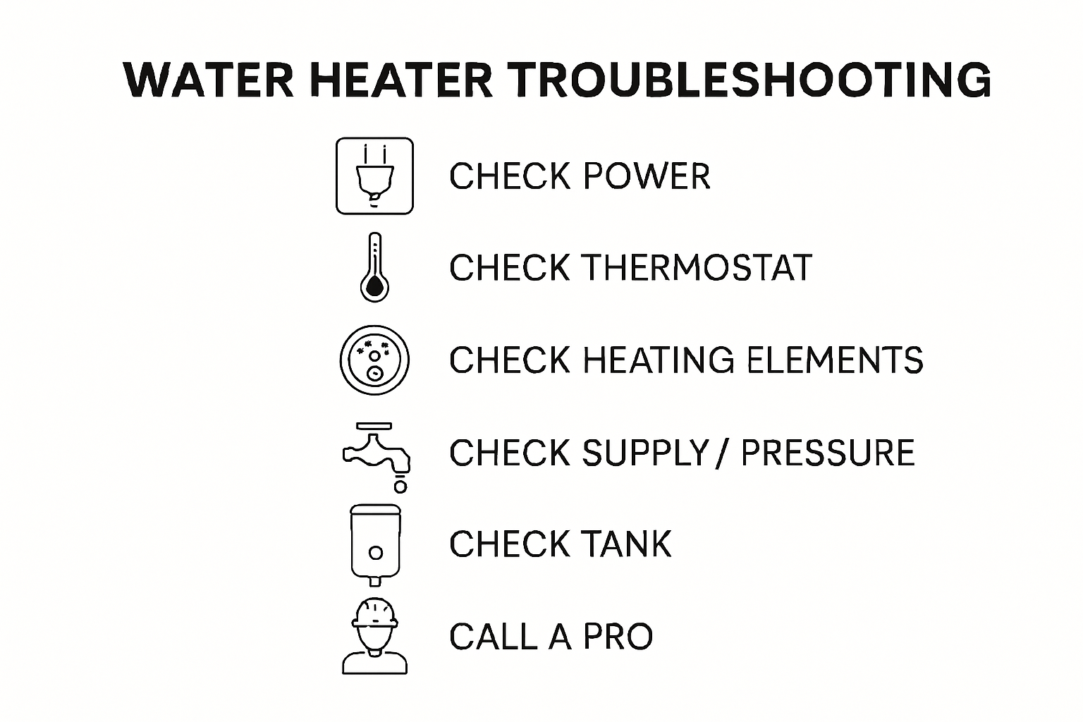 Step-by-step water heater troubleshooting infographic with icons and flowchart