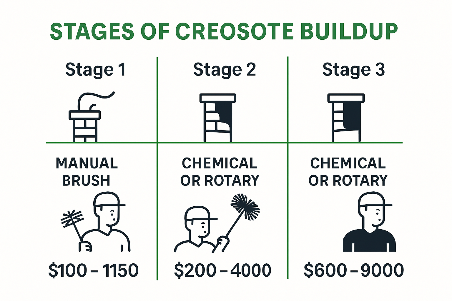 Infographic showing creosote buildup stages and cleaning costs