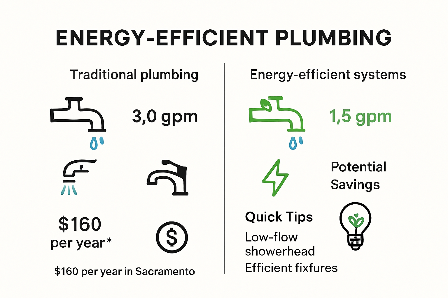Infographic comparing traditional and energy efficient plumbing systems with tips and savings.