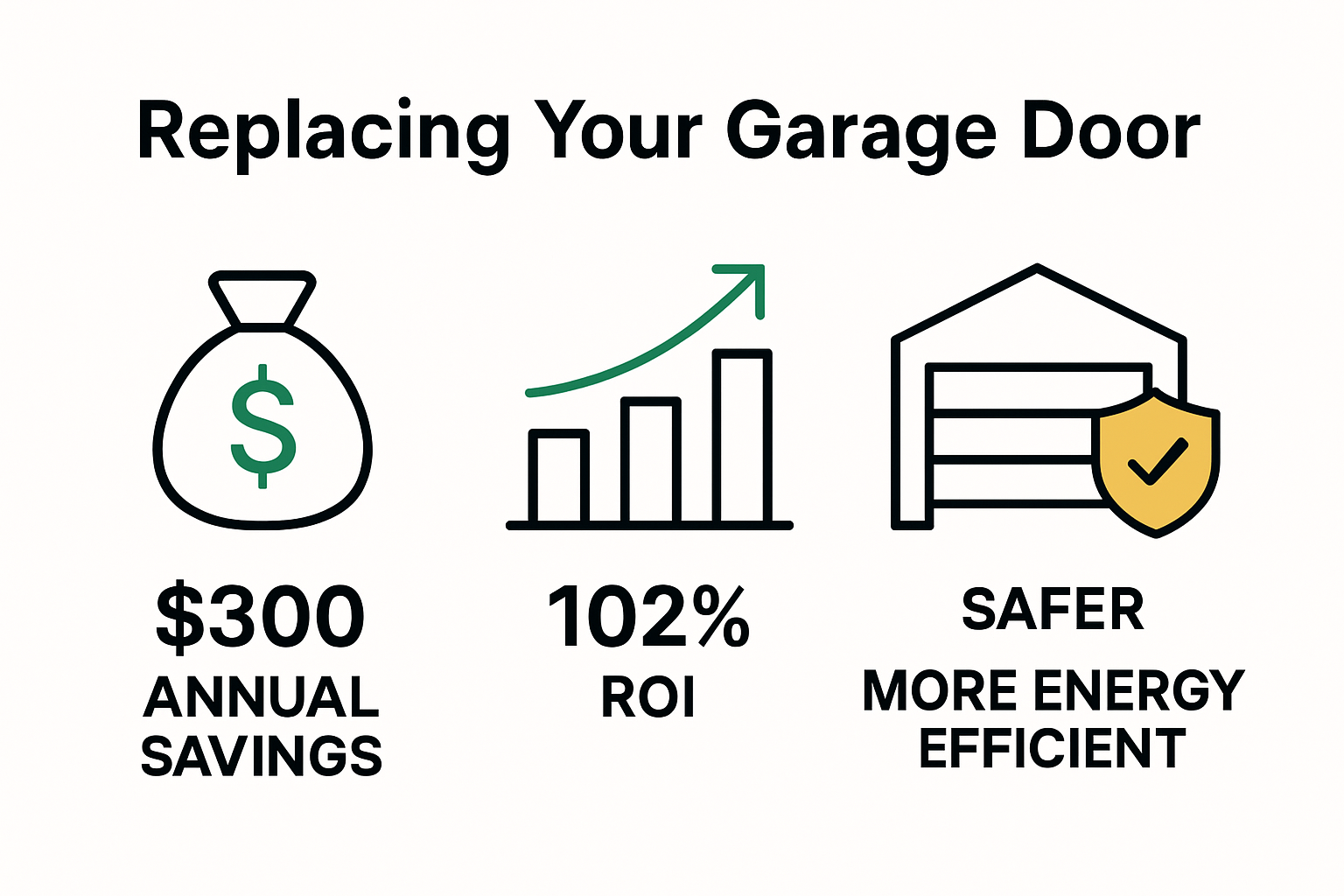 Infographic of property value, energy, and safety benefits of garage door replacement