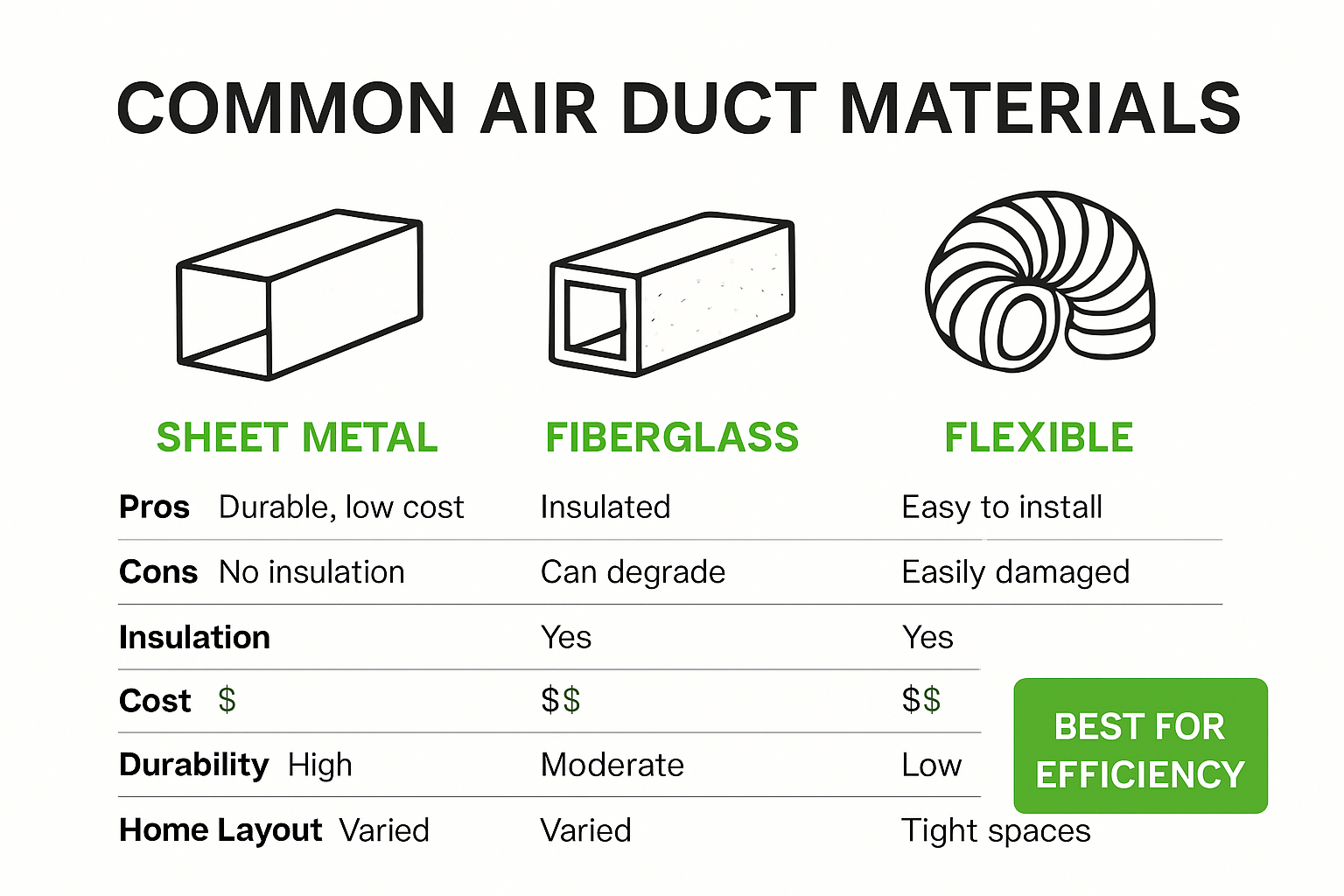 infographic comparing air duct materials and performance