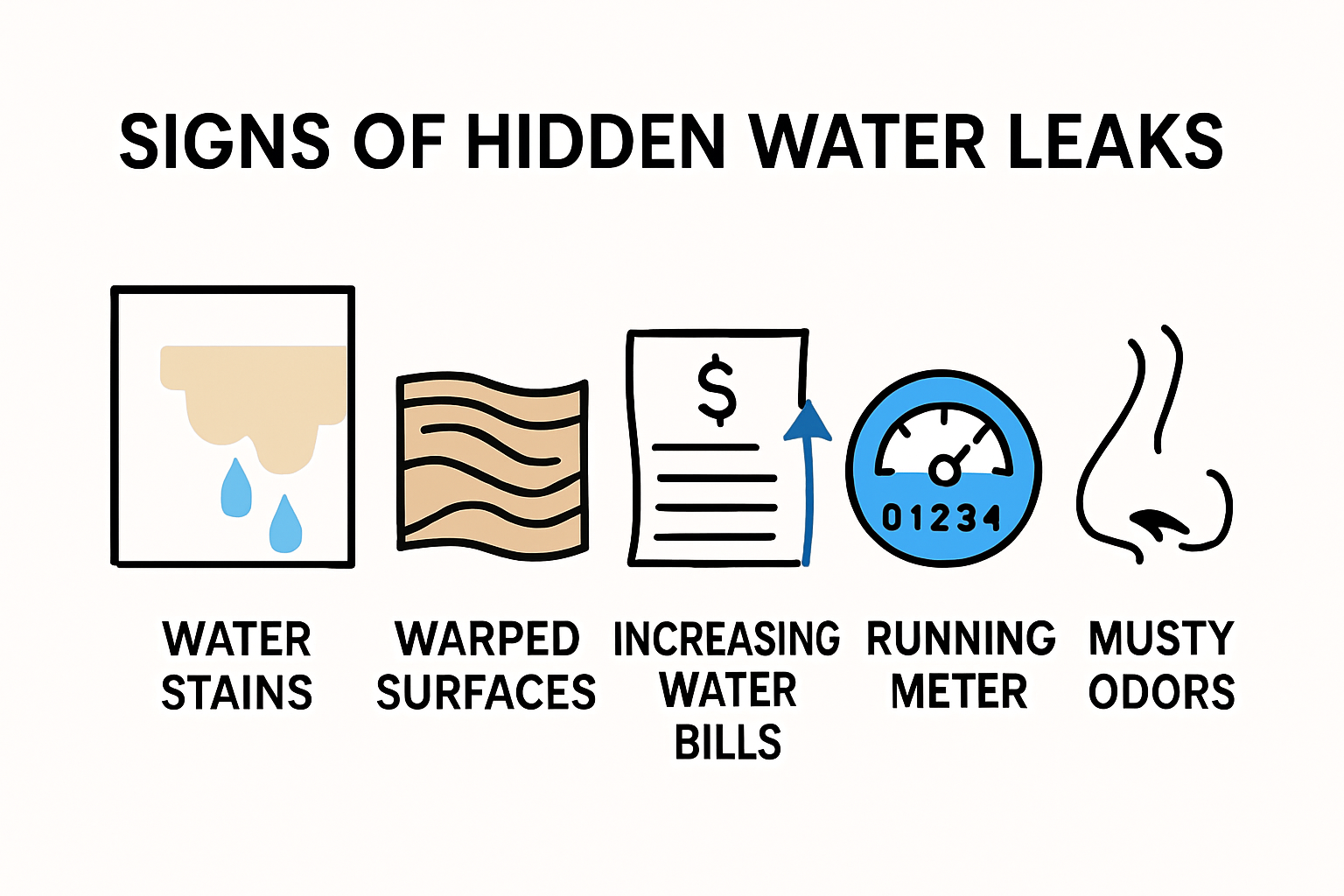 Infographic showing five signs of hidden household water leaks