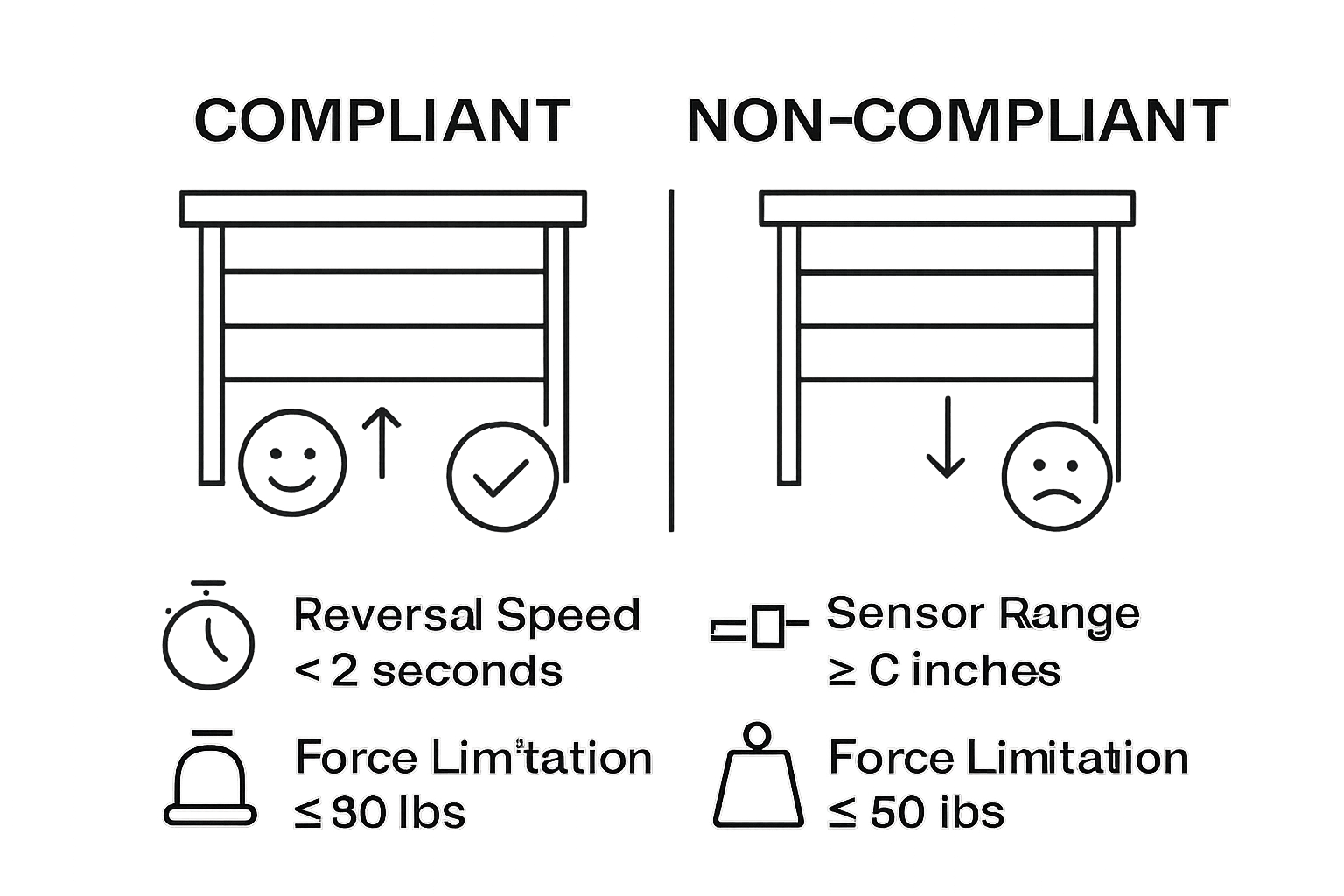 Infographic comparing safe and unsafe garage doors with three key safety stats