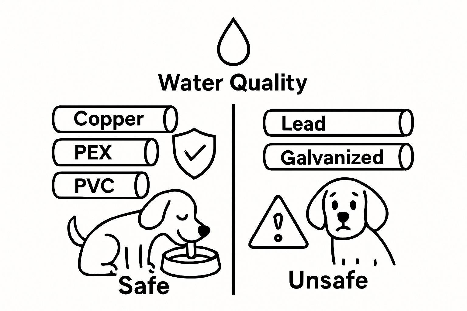 Infographic comparing safe and unsafe plumbing materials for pets