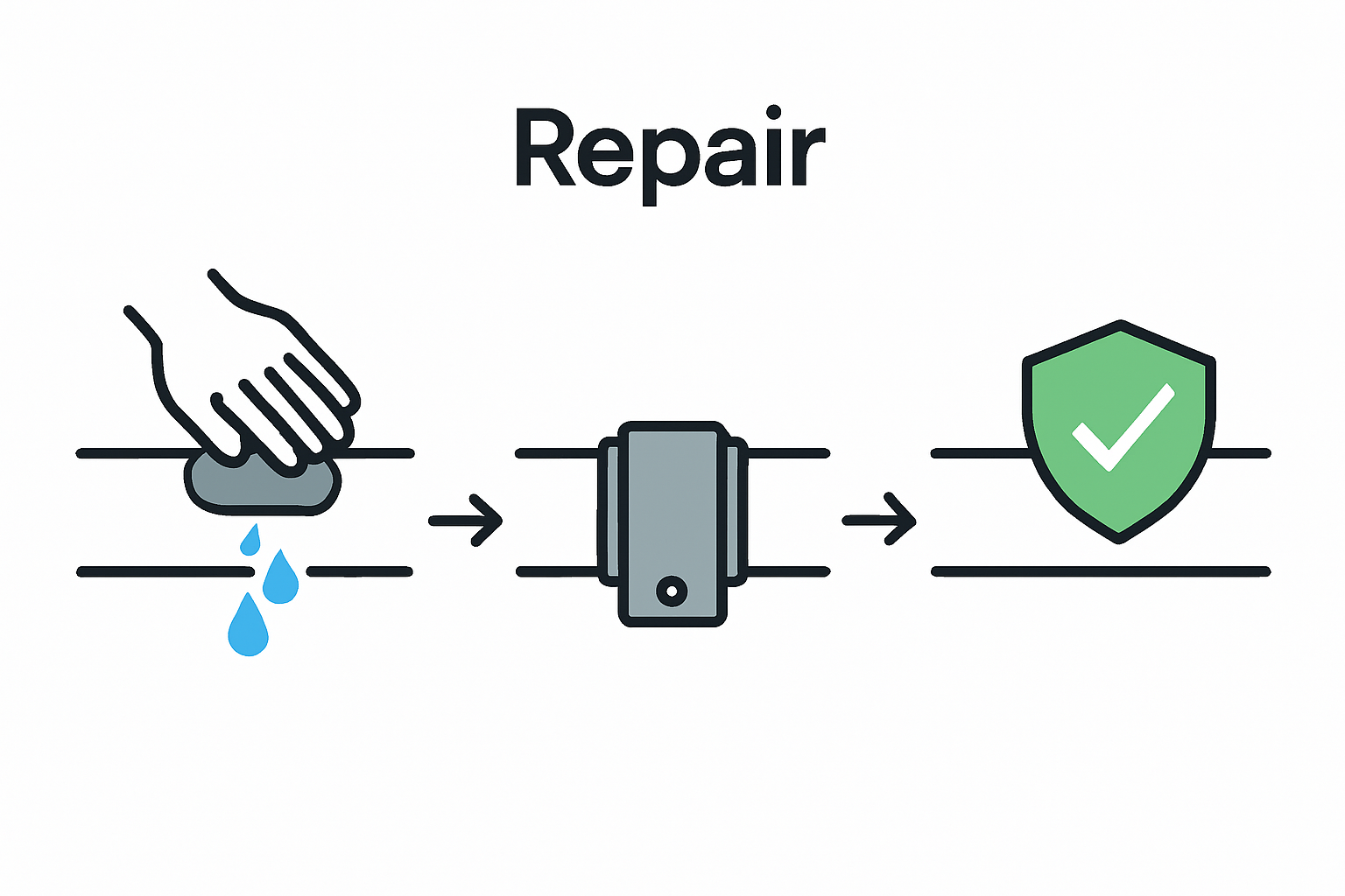 Three-step pipe leak repair infographic: apply putty, clamp pipe, verify fix.