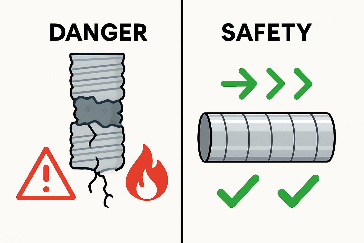 Comparison of plastic versus metal dryer hoses showing safety and fire risk.