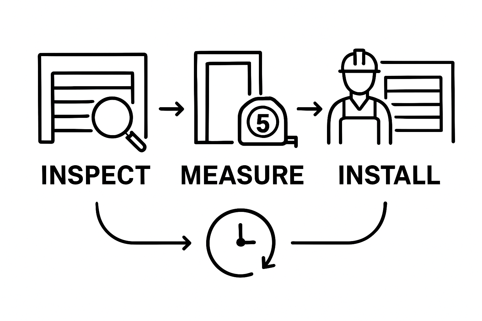 Infographic with three simple icons showing steps: inspect garage door, measure opening, and install new door