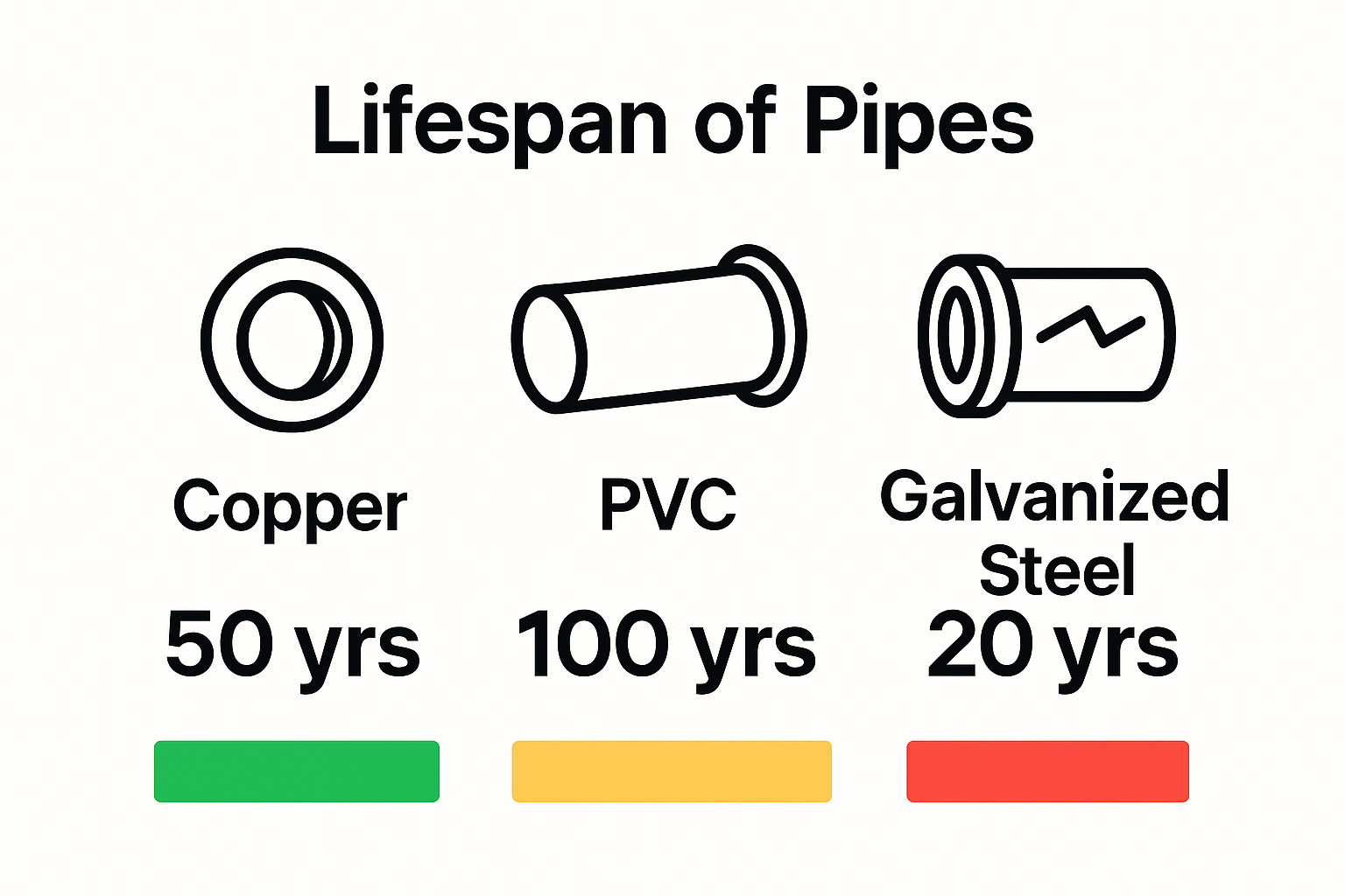 Pipe material comparison with lifespan icons