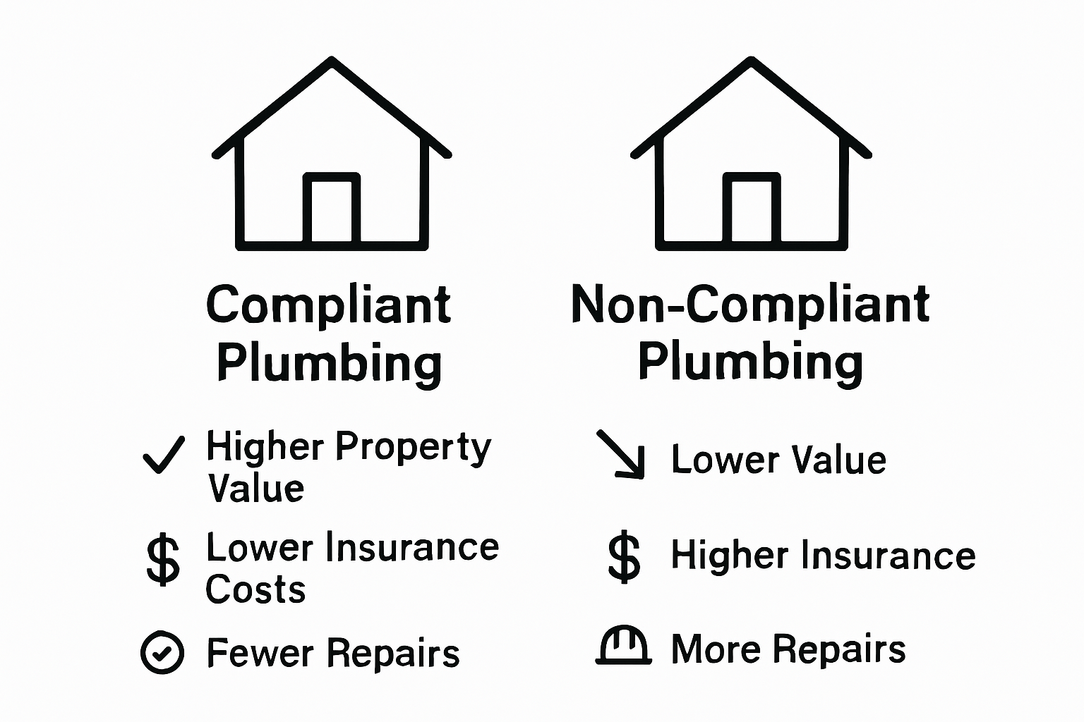 Side-by-side house icons comparing effects of plumbing code compliance vs. non-compliance