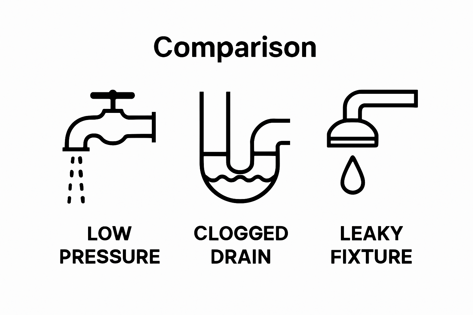 Visual comparison of low pressure, clogged drain, and leak