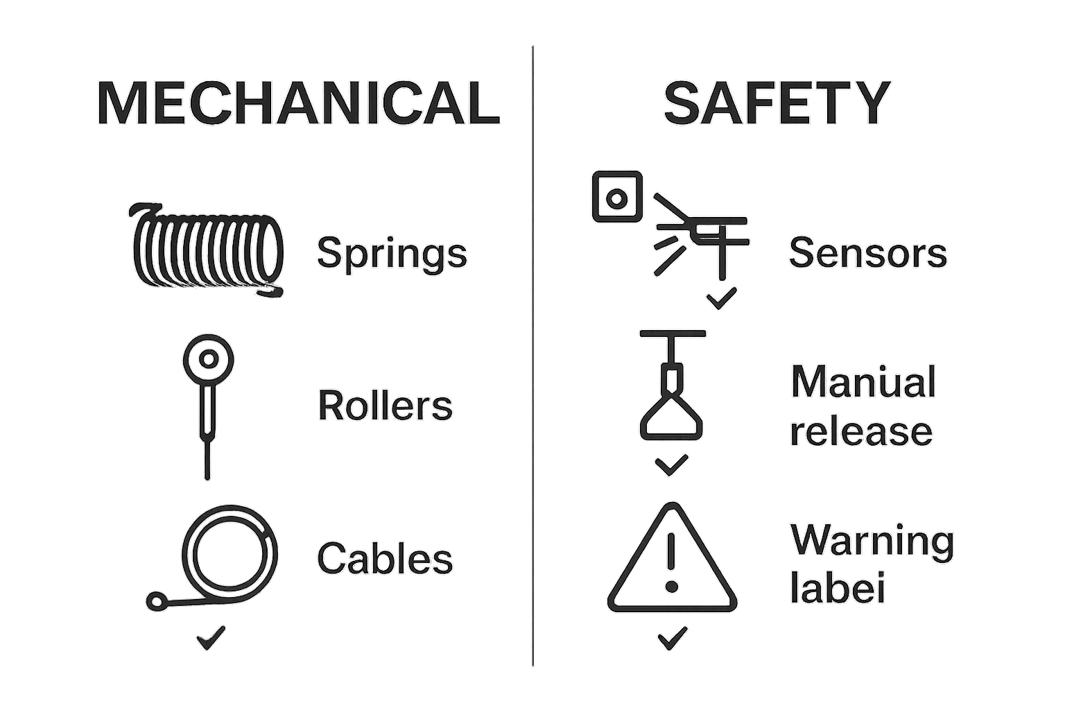 Mechanical vs safety garage door parts icon chart