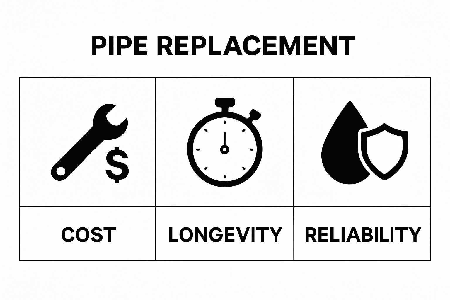 infographic compares cost, longevity, reliability for pipe options