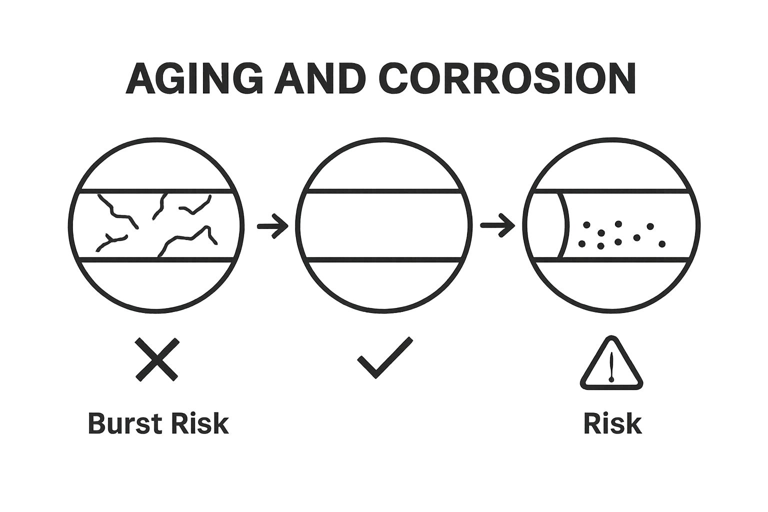 Three pipe icons show corrosion, buildup, and modern material risks
