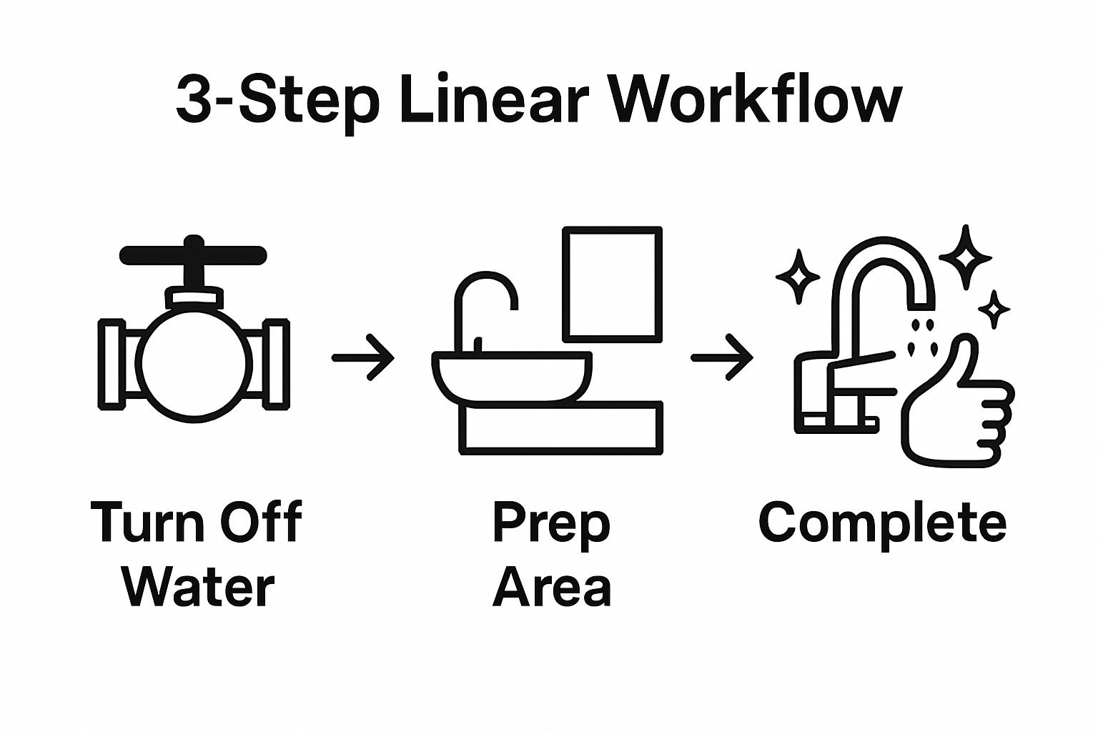 Infographic showing water shut-off, area prep, and installation steps