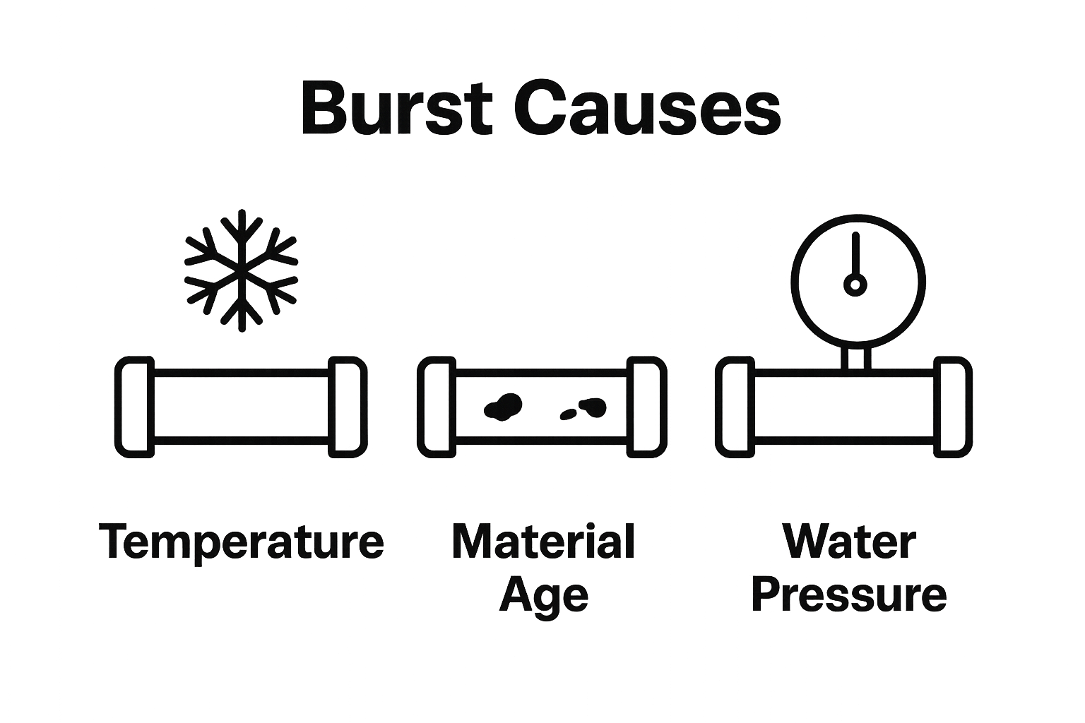 Infographic showing top three causes of pipe bursts: temperature, material age, and water pressure.