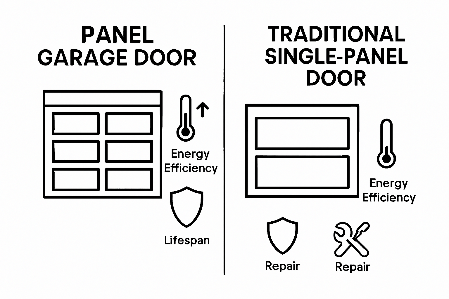 Panel garage vs traditional door: insulation, durability, maintenance icons