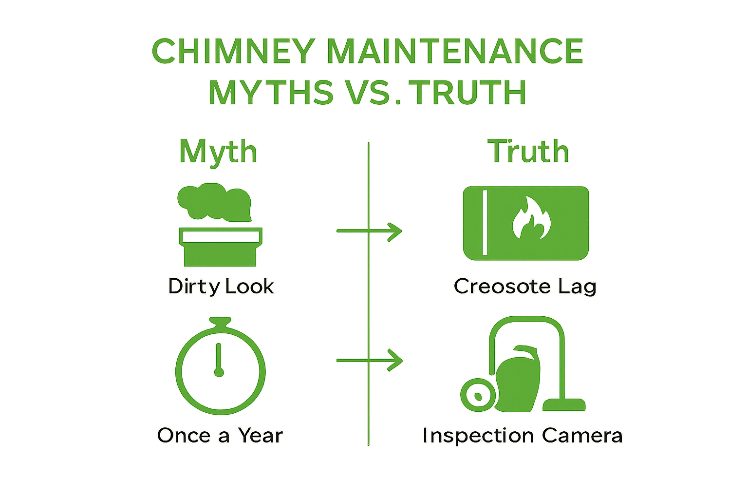 Myths vs. truths about chimney cleaning illustrated with icons