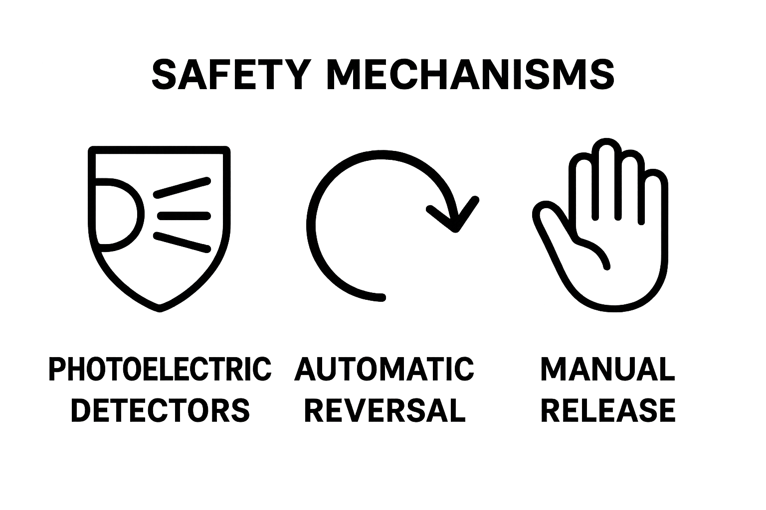 Icons showing core garage door safety features like sensors, reversal, and manual override